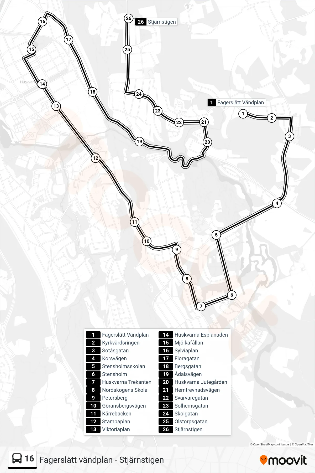 Rutt och hållplatser på karta för linje 16 spårvagn, (Stjärnstigen)