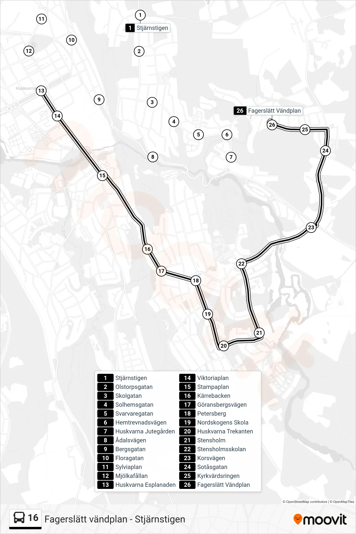 Rutt och hållplatser på karta för linje 16 spårvagn, (Fagerslätt Vändplan)