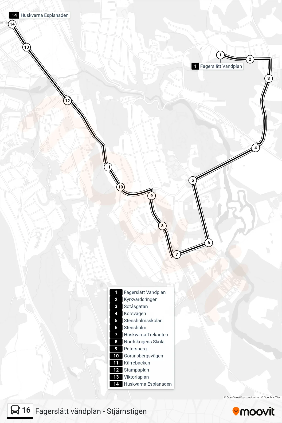 Rutt och hållplatser på karta för linje 16 spårvagn, (Huskvarna Esplanaden)