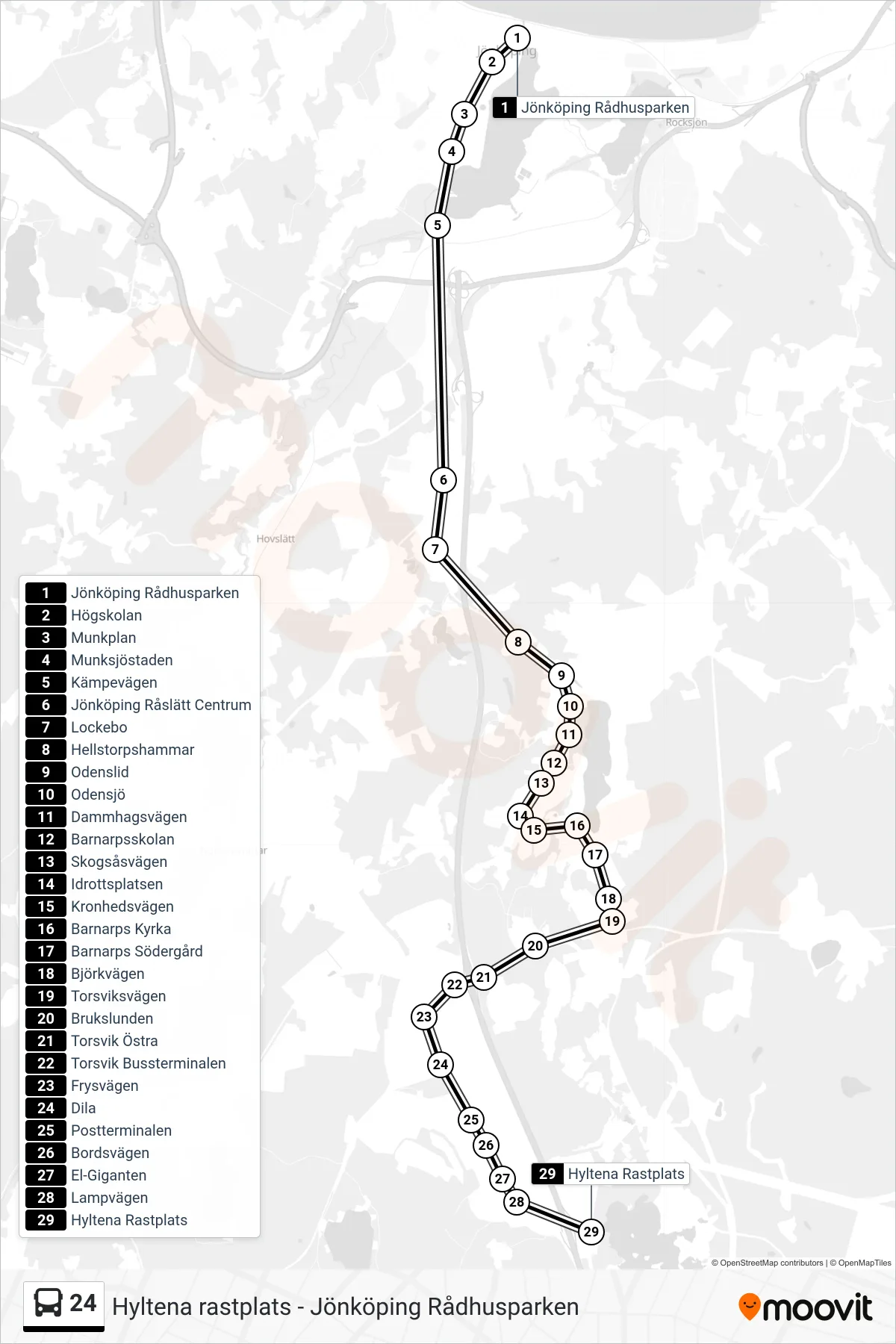 Rutt och hållplatser på karta för linje 24 spårvagn, (Hyltena Rastplats)