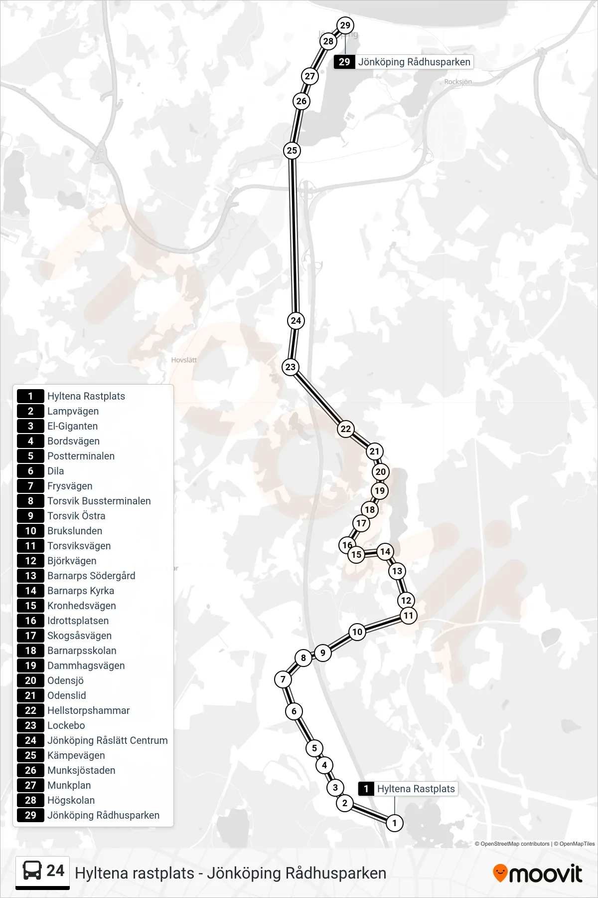 Rutt och hållplatser på karta för linje 24 spårvagn, (Jönköping Rådhusparken)