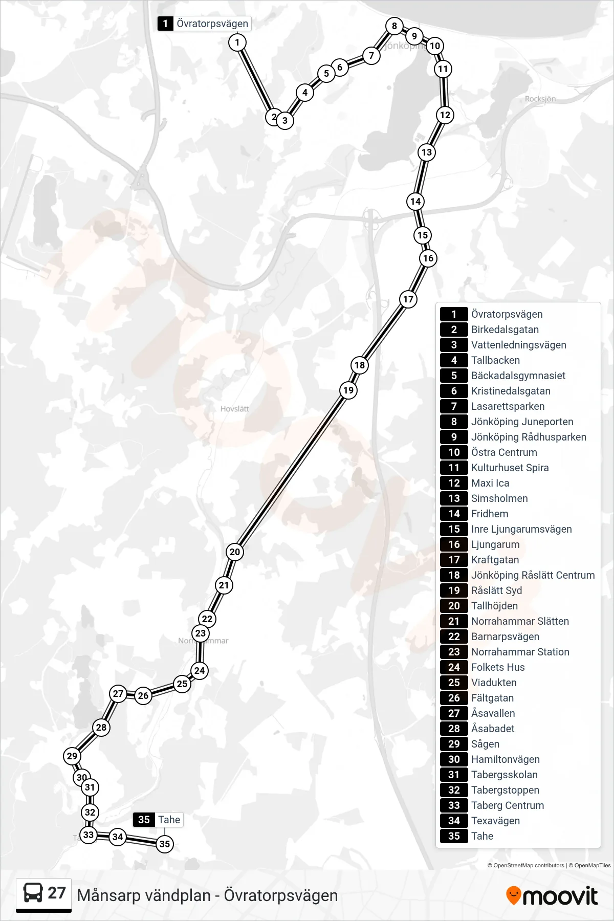 Rutt och hållplatser på karta för linje 27 spårvagn, (Tahe)