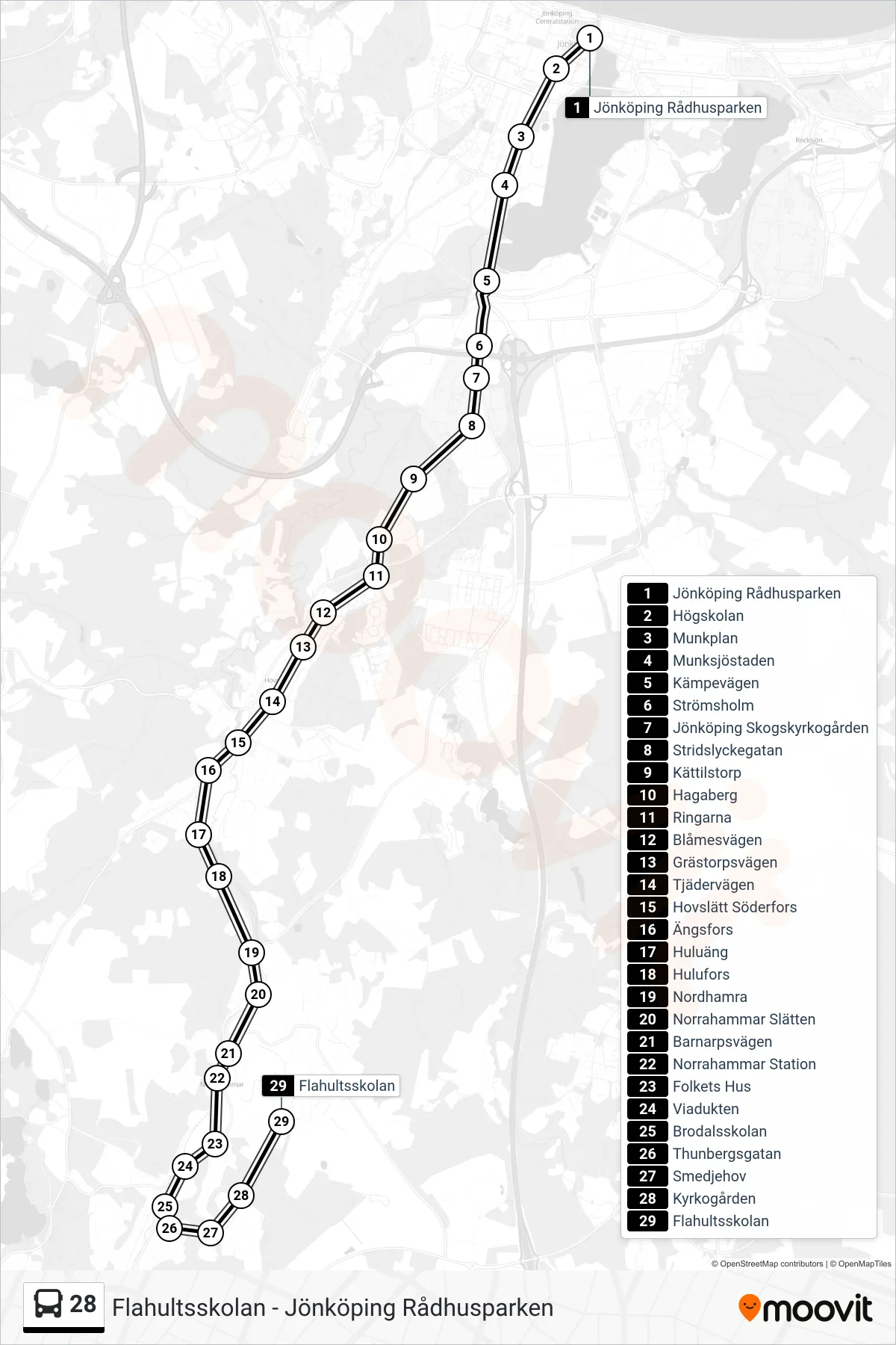 Rutt och hållplatser på karta för linje 28 spårvagn, (Flahultsskolan)
