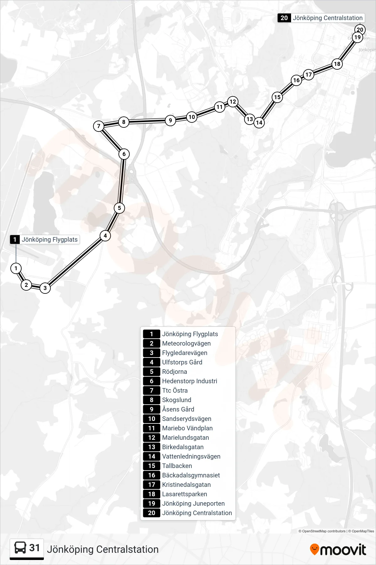 Rutt och hållplatser på karta för linje 31  spårvagn, (Jönköping Centralstation)