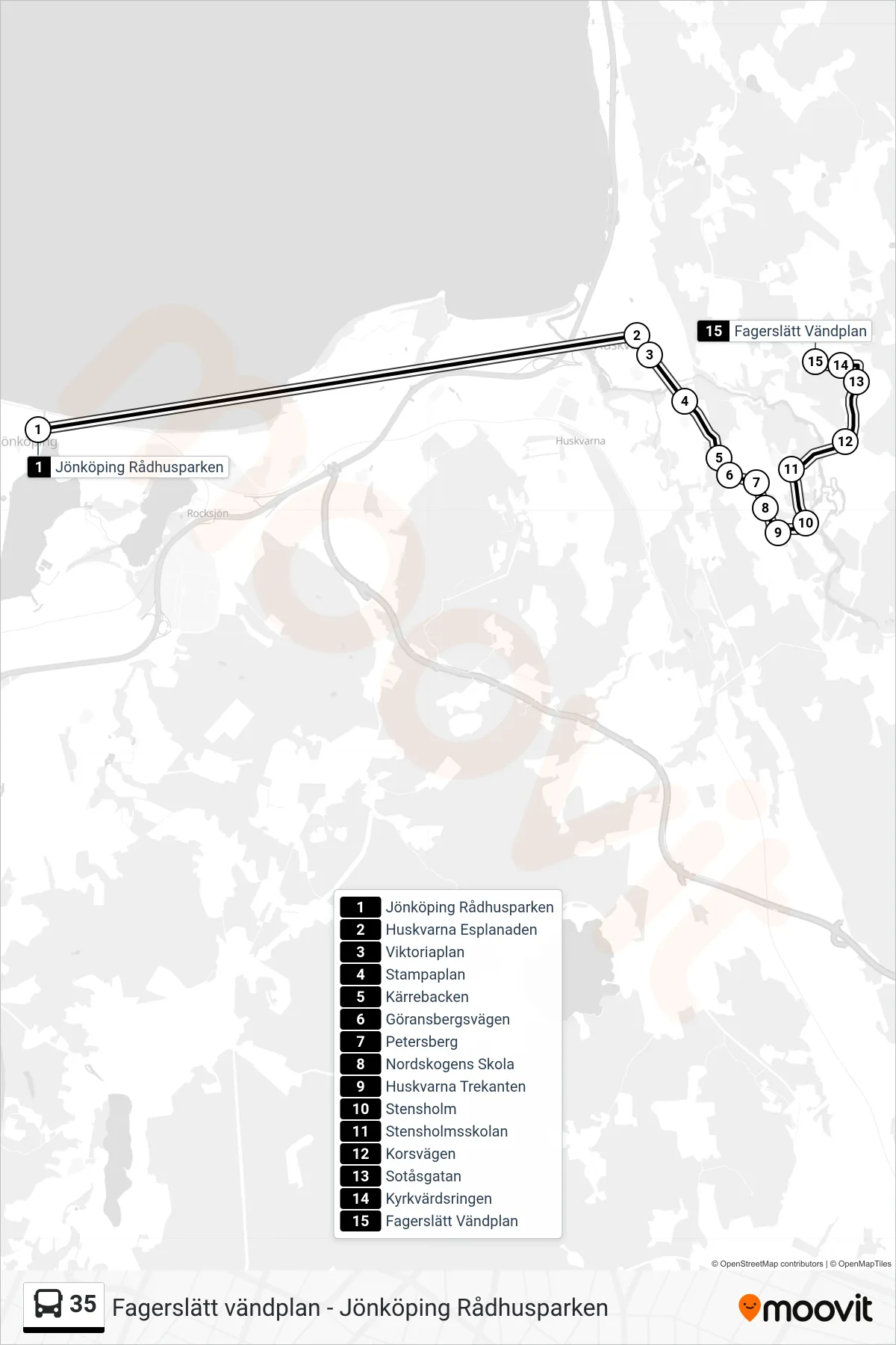 Rutt och hållplatser på karta för linje 35  spårvagn, (Fagerslätt Vändplan)