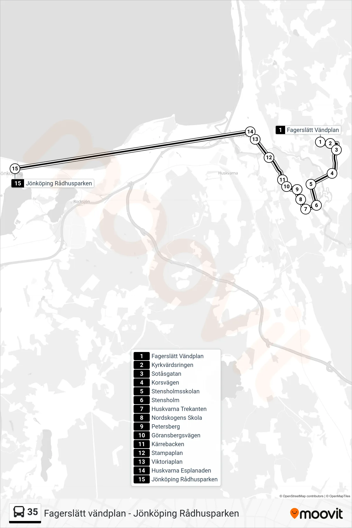 Rutt och hållplatser på karta för linje 35 spårvagn, (Jönköping Rådhusparken)