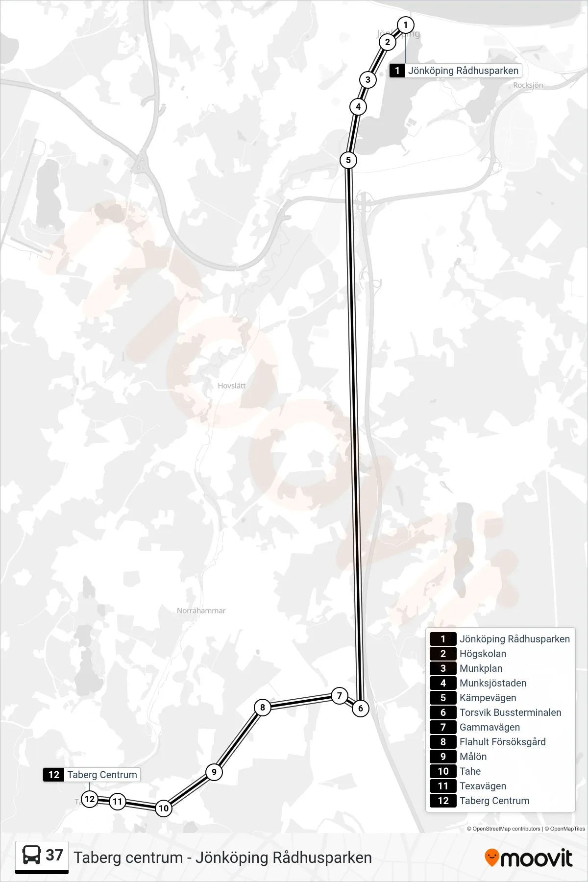 Rutt och hållplatser på karta för linje 37  spårvagn, (Taberg Centrum)