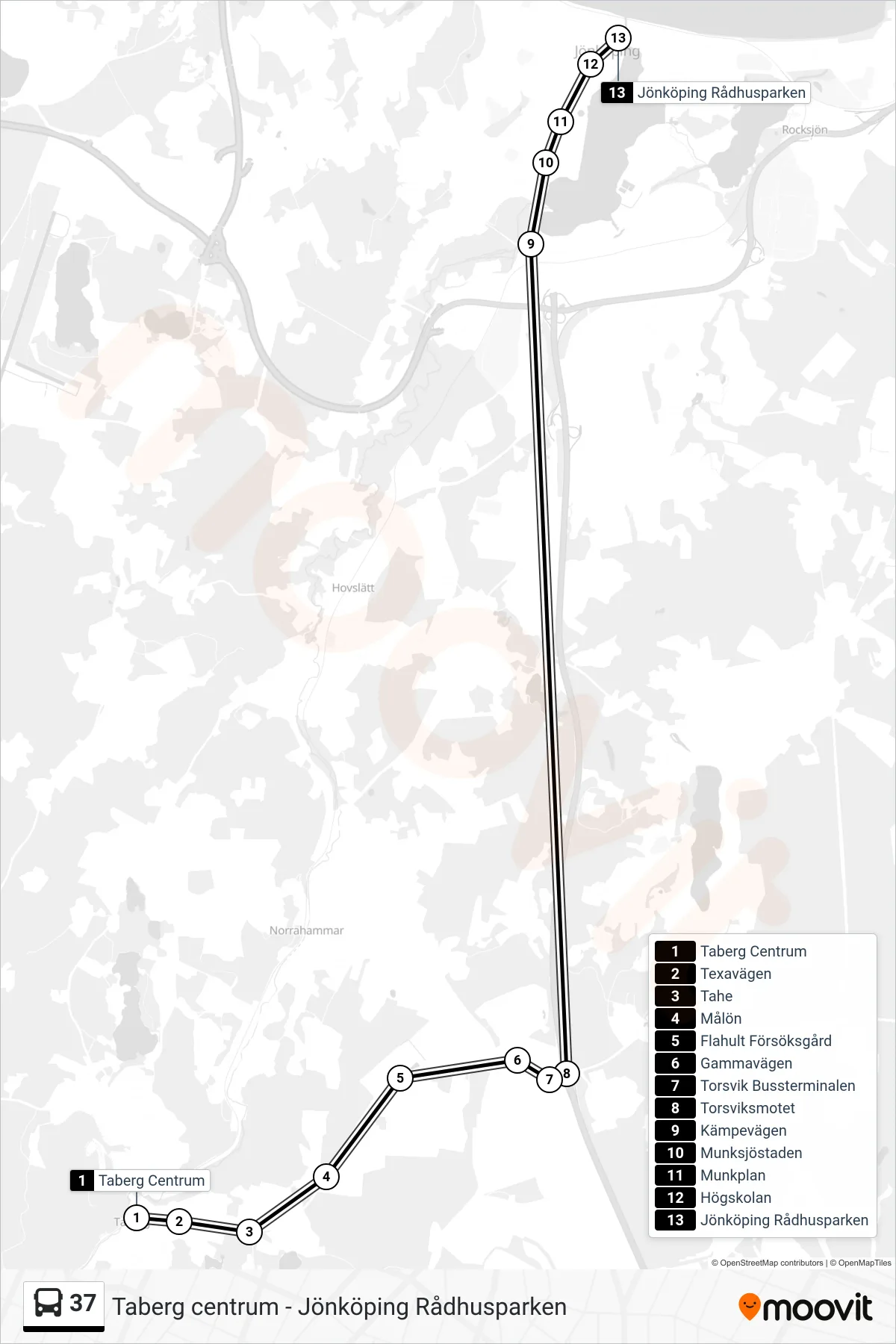 Rutt och hållplatser på karta för linje 37 spårvagn, (Jönköping Rådhusparken)
