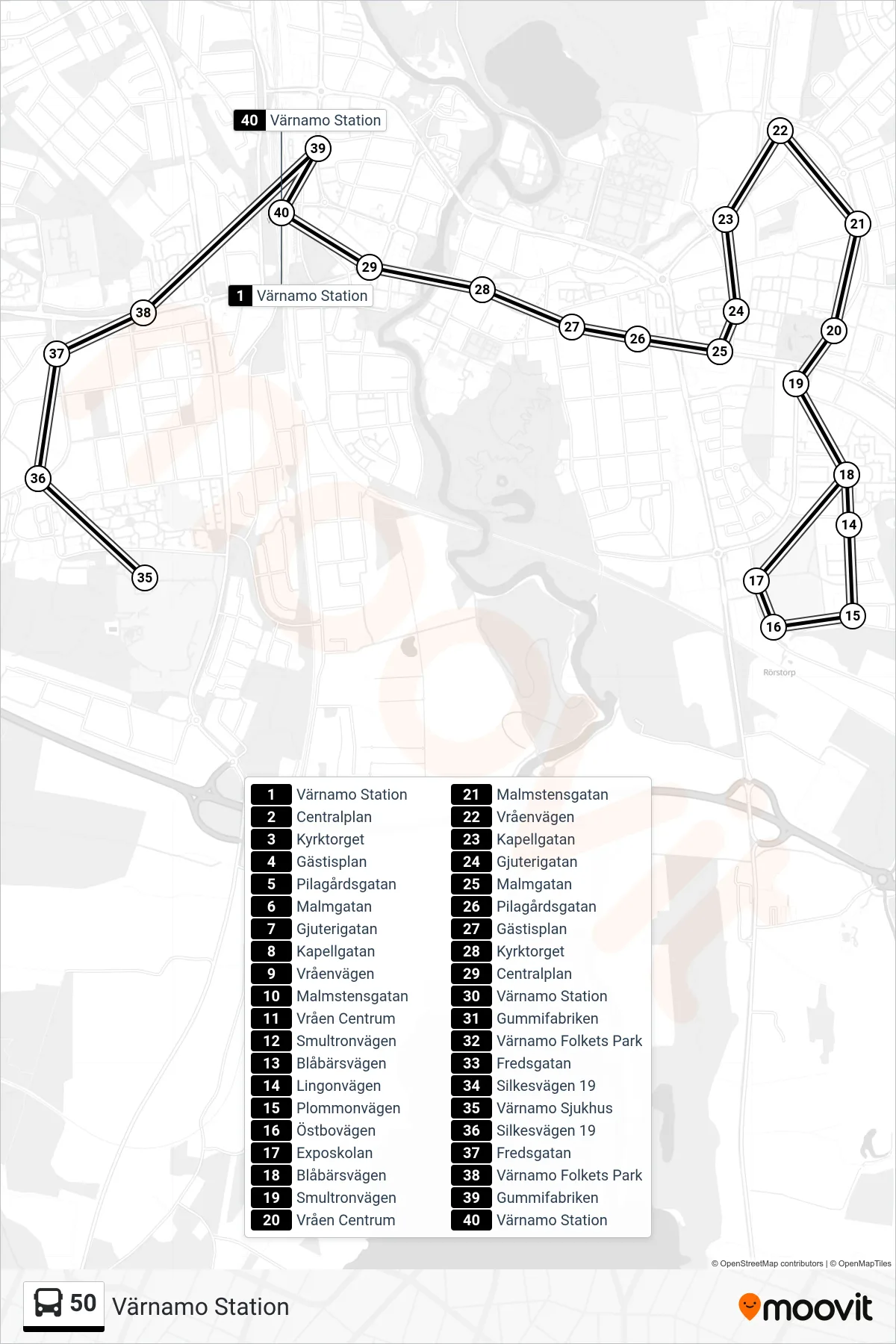Rutt och hållplatser på karta för linje 50 spårvagn, (Värnamo Station)