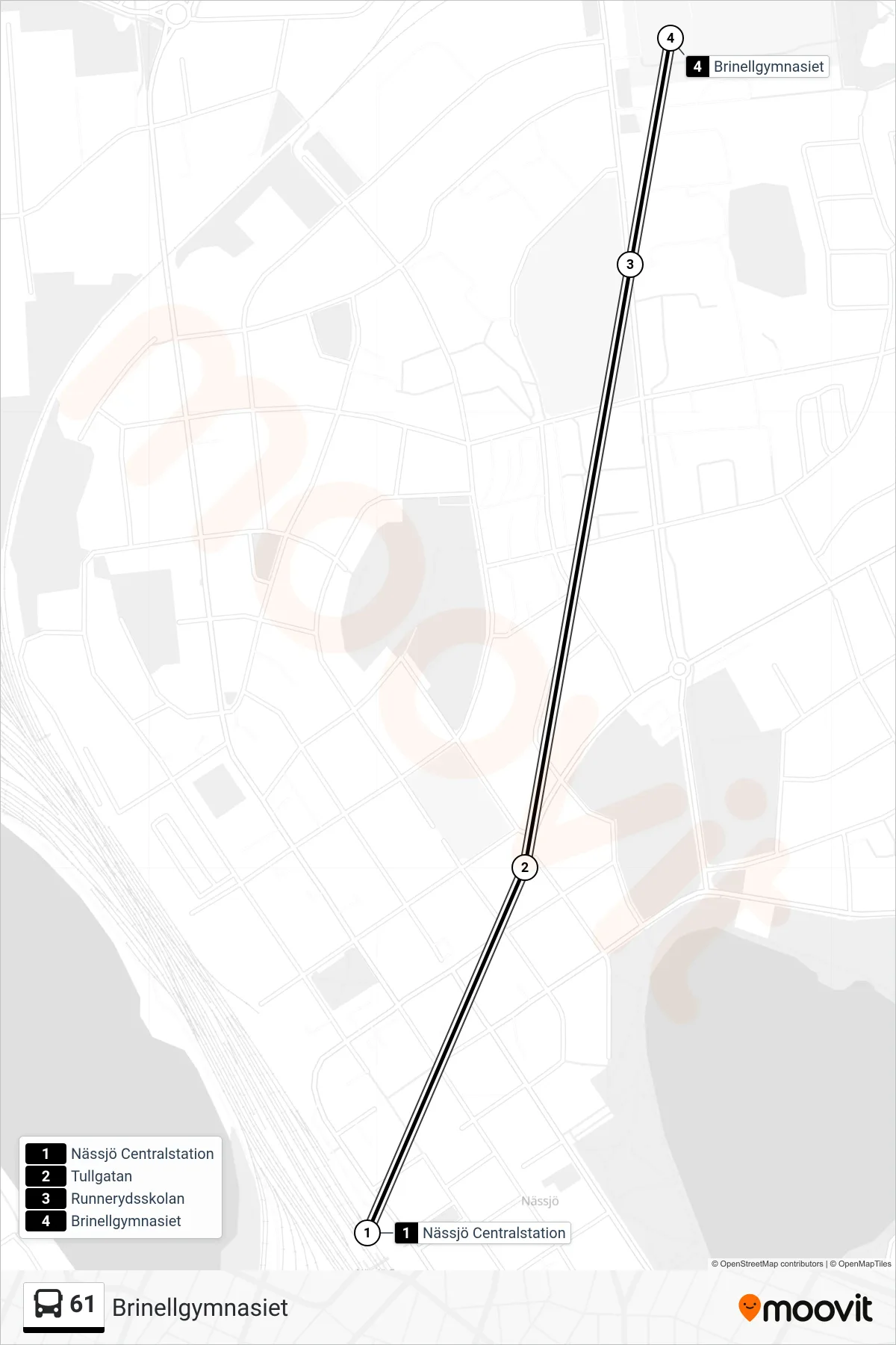 Rutt och hållplatser på karta för linje 61 spårvagn, (Brinellgymnasiet)