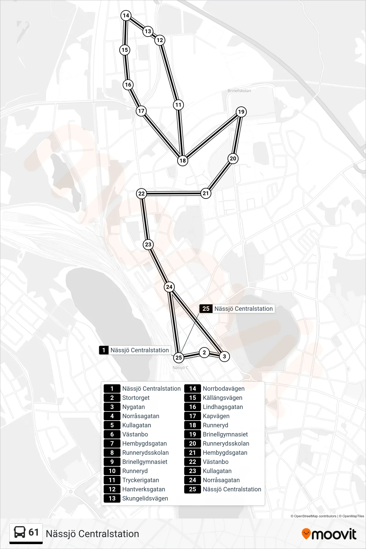 Rutt och hållplatser på karta för linje 61 spårvagn, (Nässjö Centralstation)
