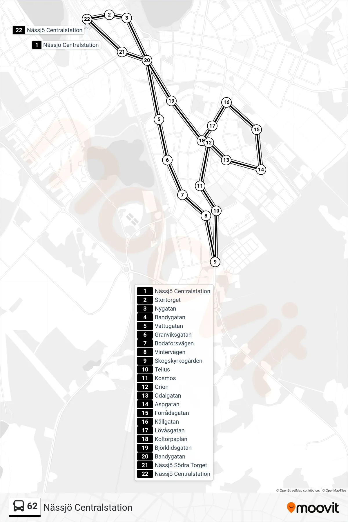 Rutt och hållplatser på karta för linje 62 spårvagn, (Nässjö Centralstation)