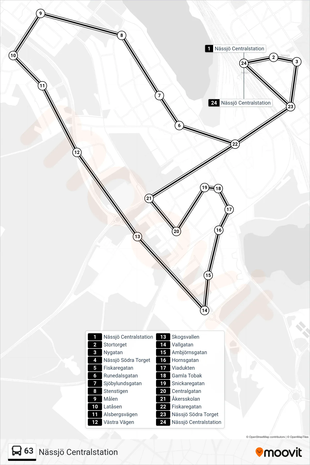 Rutt och hållplatser på karta för linje 63 spårvagn, (Nässjö Centralstation)