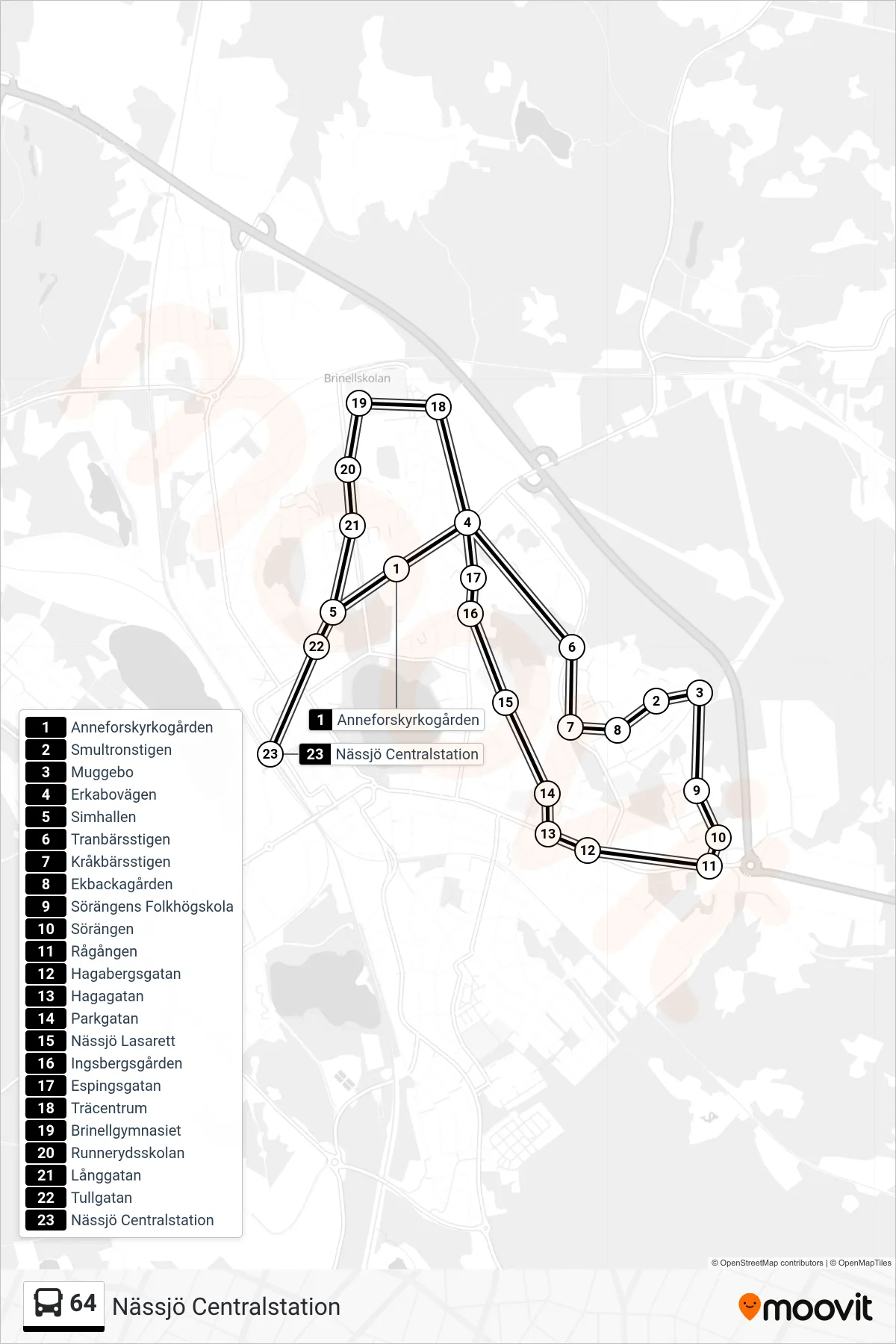 Rutt och hållplatser på karta för linje 64 spårvagn, (Nässjö Centralstation)