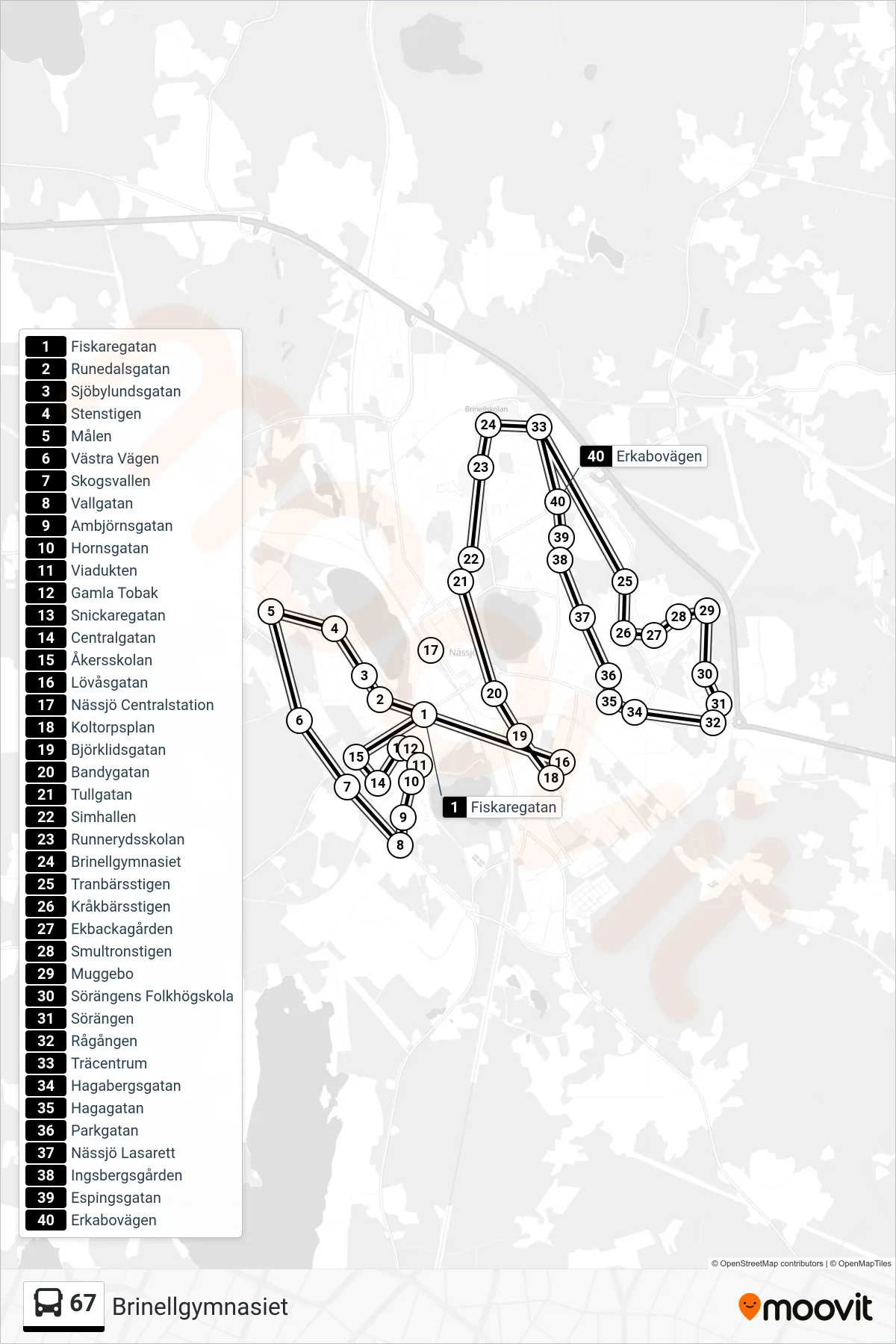 Rutt och hållplatser på karta för linje 67 spårvagn, (Brinellgymnasiet)