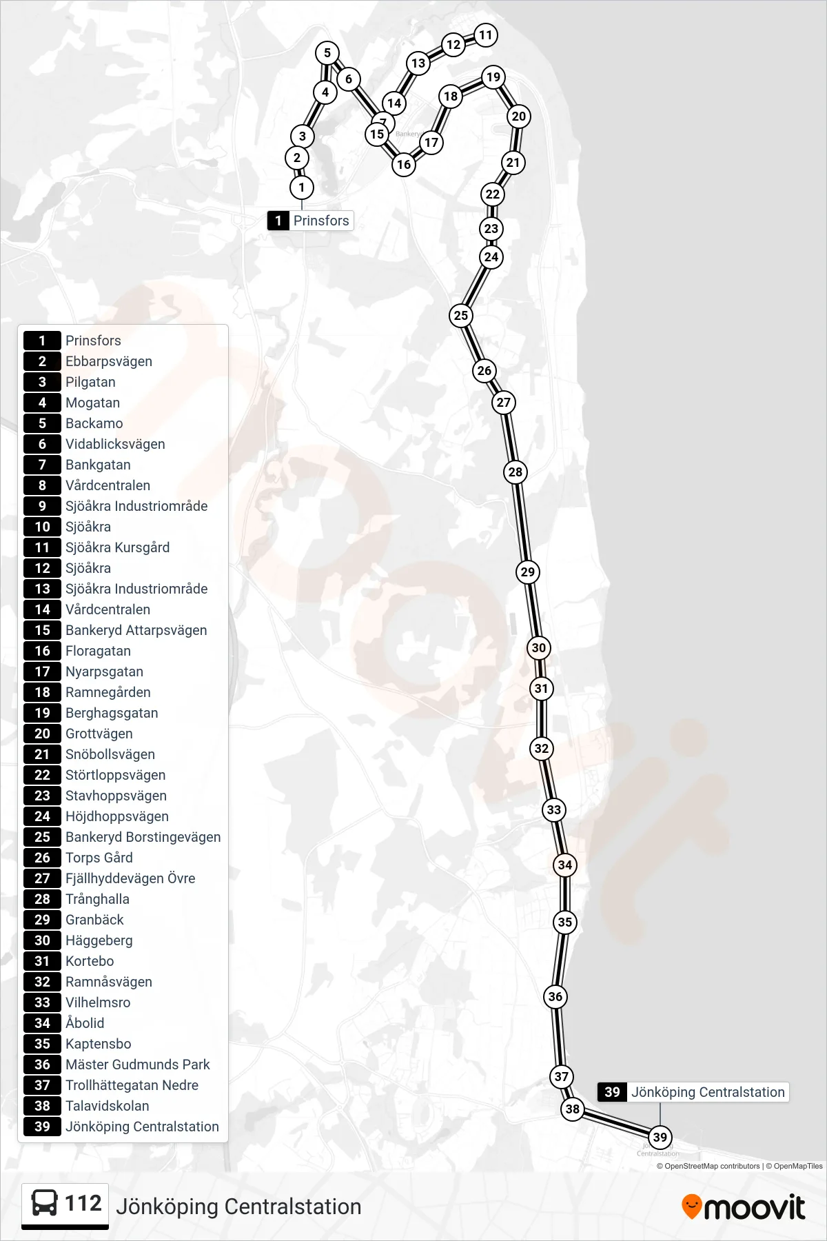 Rutt och hållplatser på karta för linje 112 spårvagn, (Jönköping Centralstation)