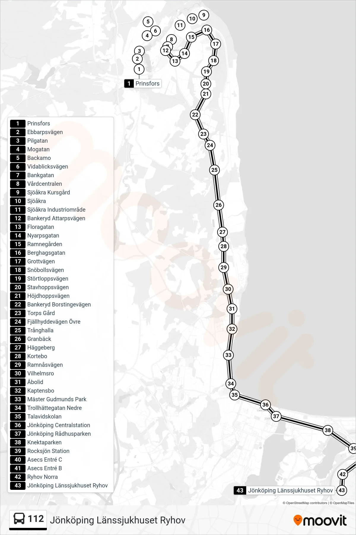 Rutt och hållplatser på karta för linje 112 spårvagn, (Jönköping Länssjukhuset Ryhov)