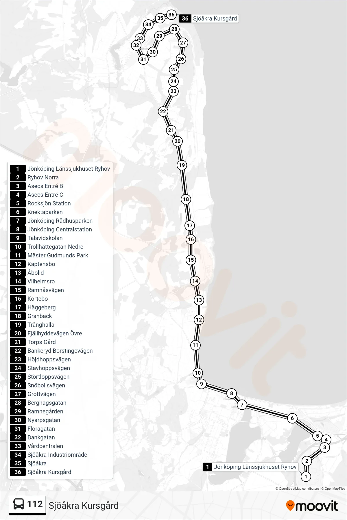 Rutt och hållplatser på karta för linje 112 spårvagn, (Sjöåkra Kursgård)