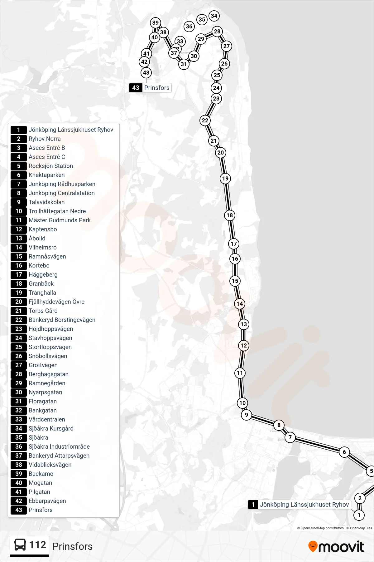 Rutt och hållplatser på karta för linje 112  spårvagn, (Prinsfors)