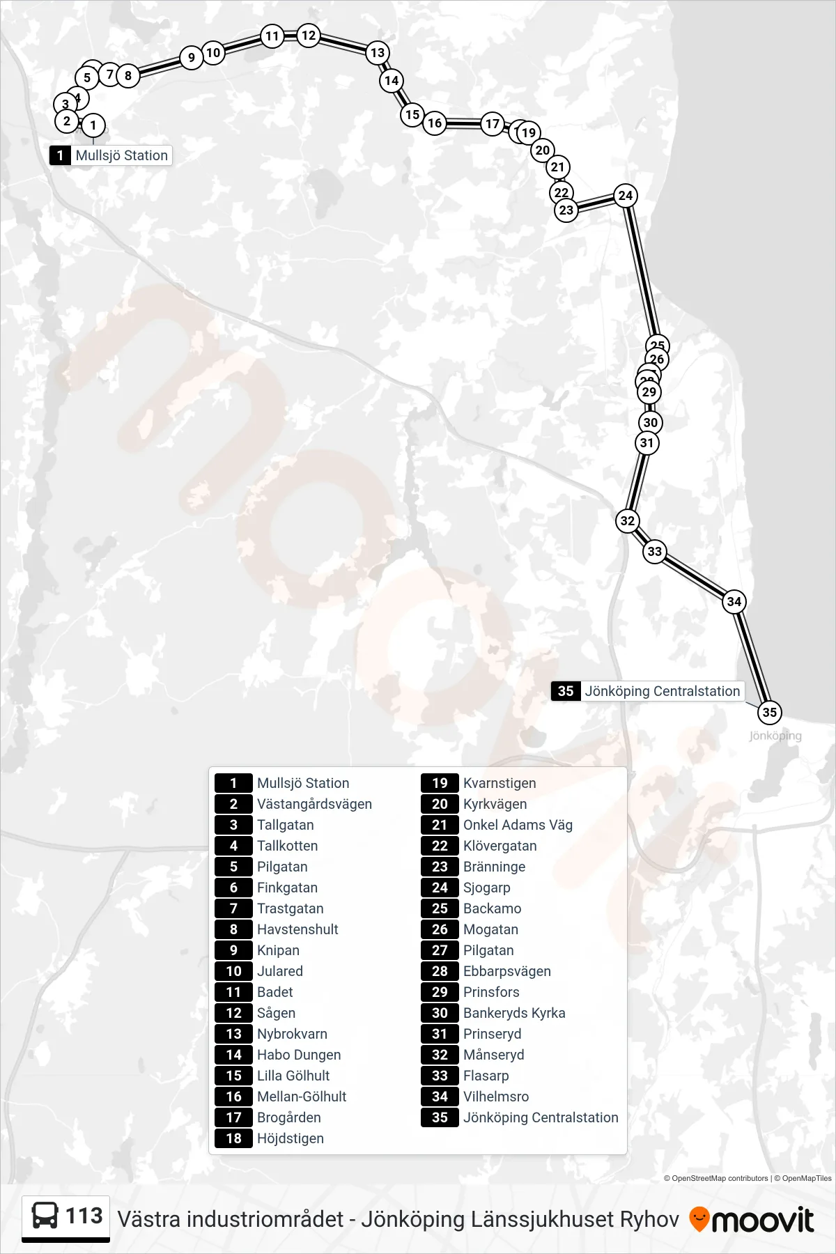 Rutt och hållplatser på karta för linje 113  spårvagn, (Jönköping Centralstation)