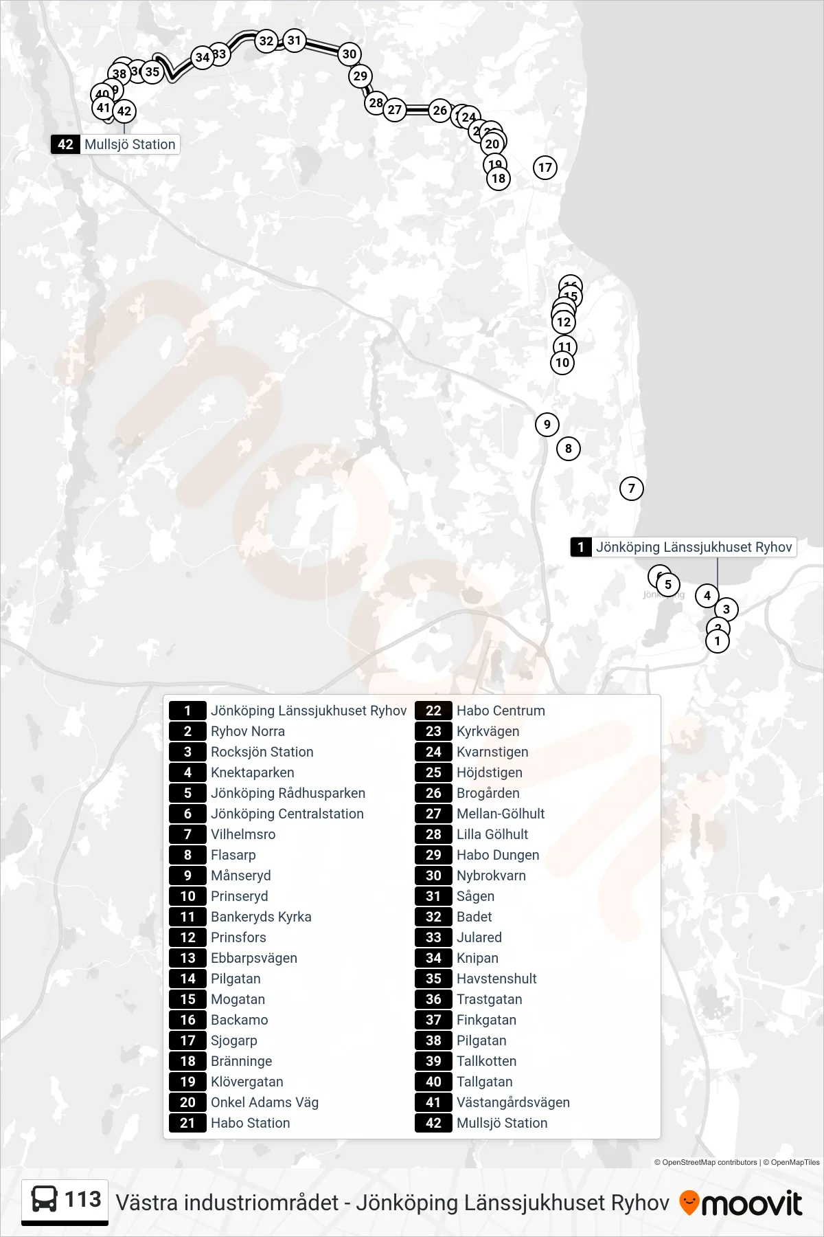 Rutt och hållplatser på karta för linje 113 spårvagn, (Mullsjö Station)