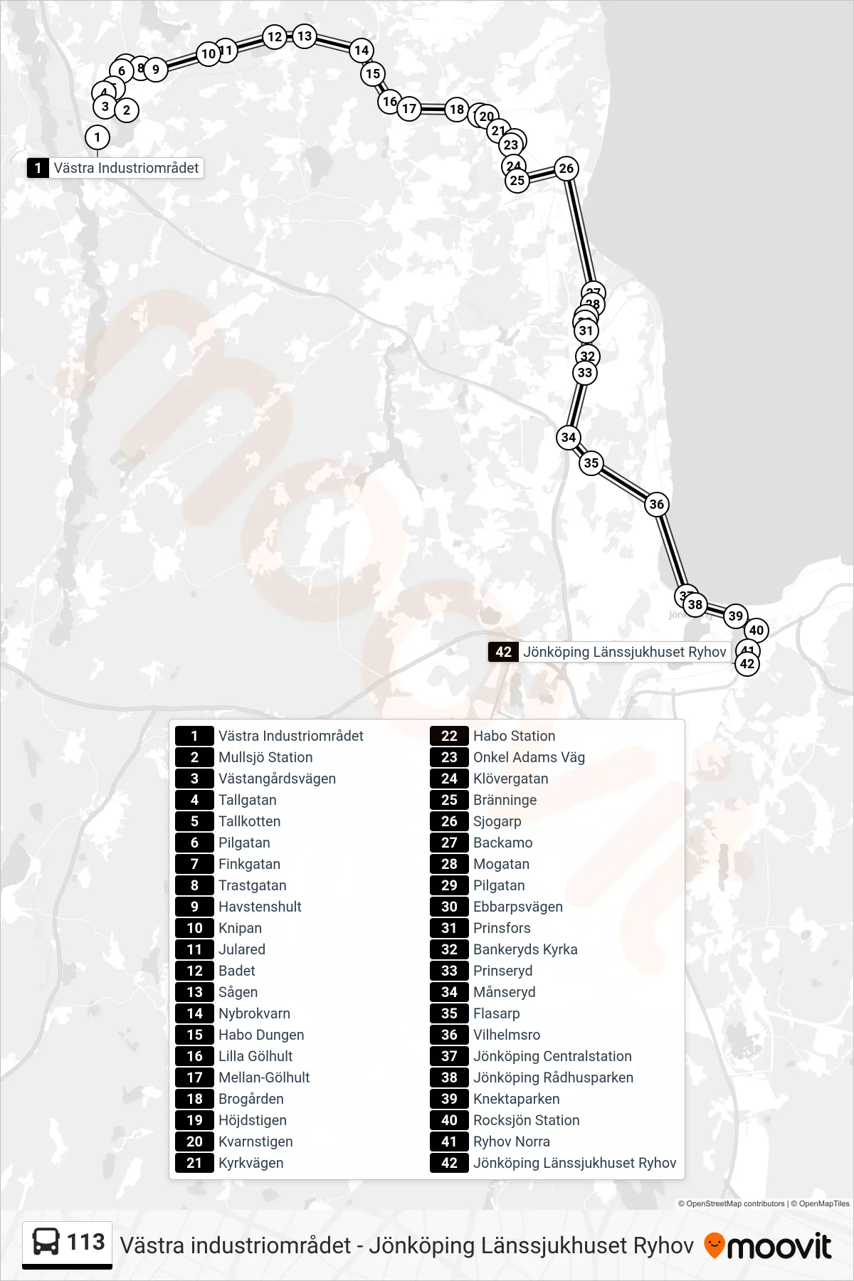 Rutt och hållplatser på karta för linje 113  spårvagn, (Jönköping Länssjukhuset Ryhov)