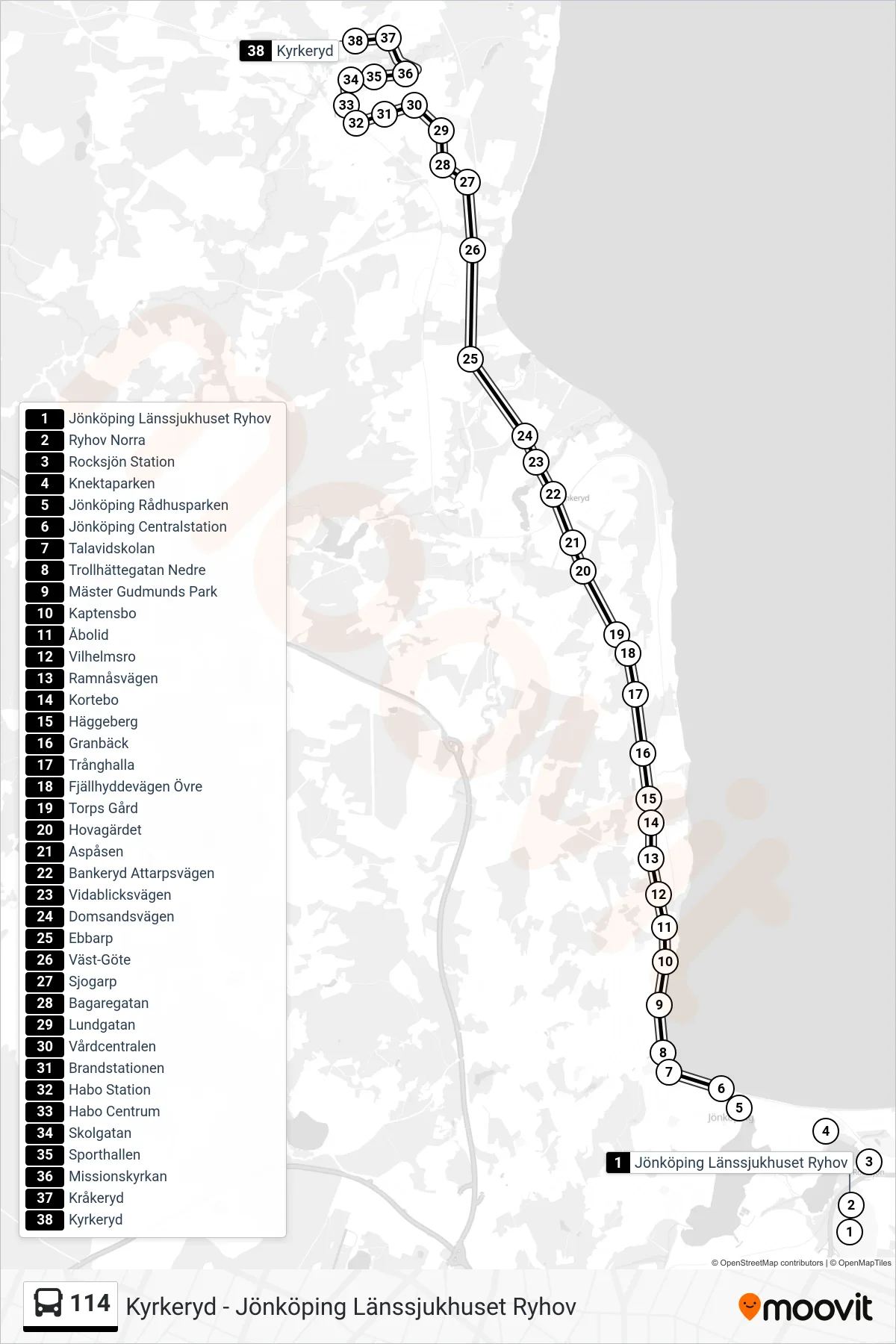 Rutt och hållplatser på karta för linje 114  spårvagn, (Kyrkeryd)