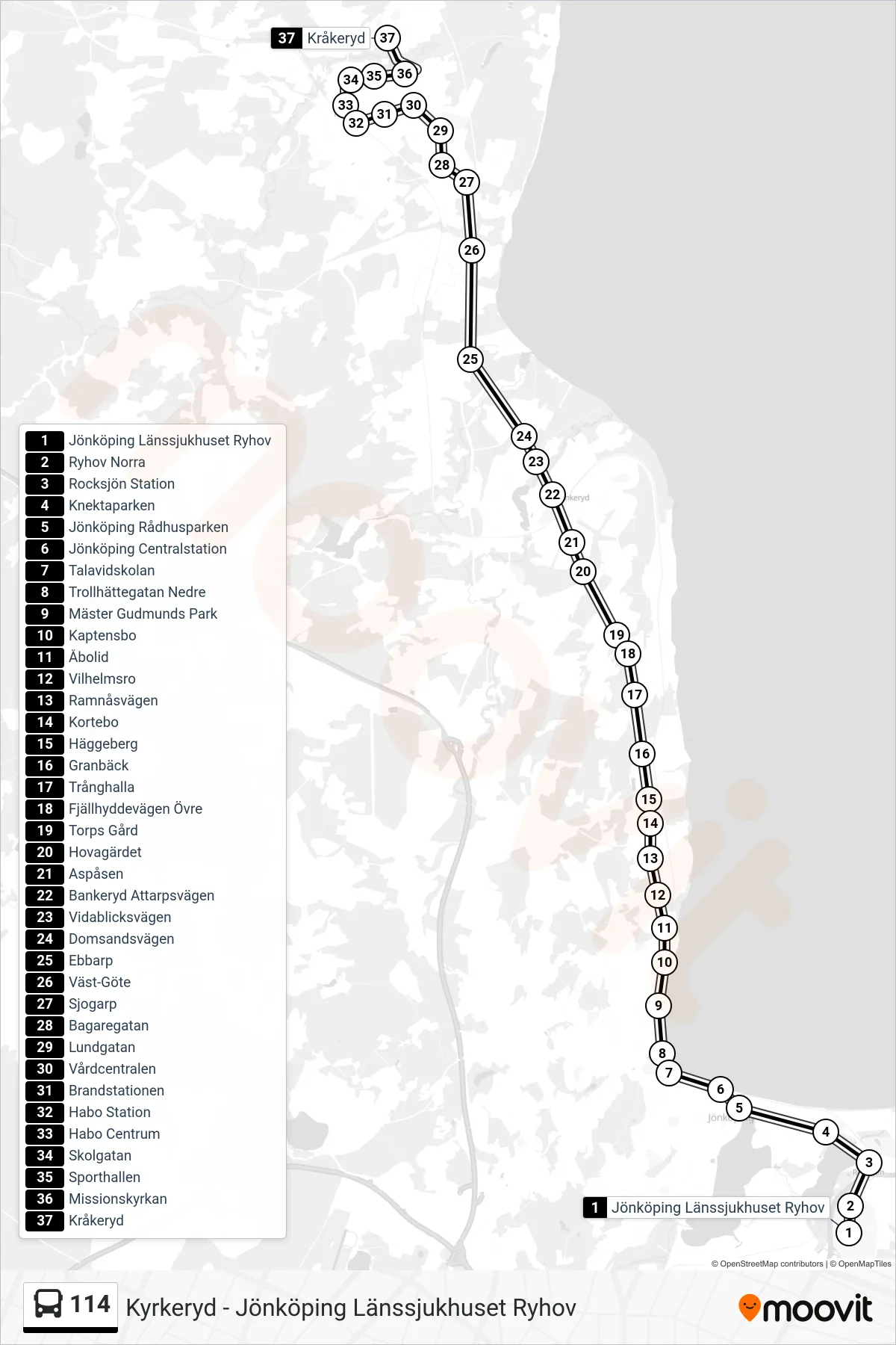 Rutt och hållplatser på karta för linje 114 spårvagn, (Kråkeryd)