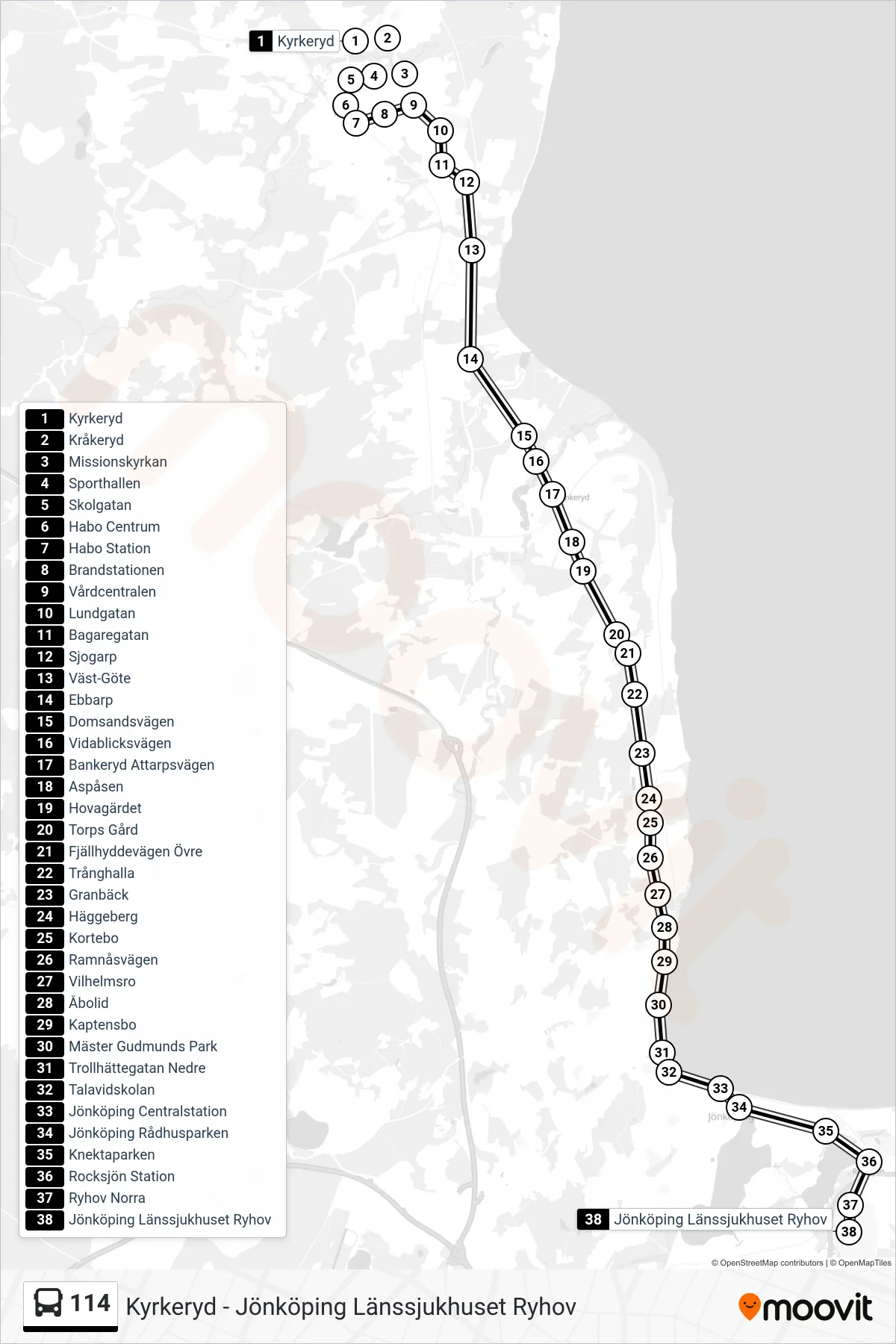 Rutt och hållplatser på karta för linje 114 spårvagn, (Jönköping Länssjukhuset Ryhov)
