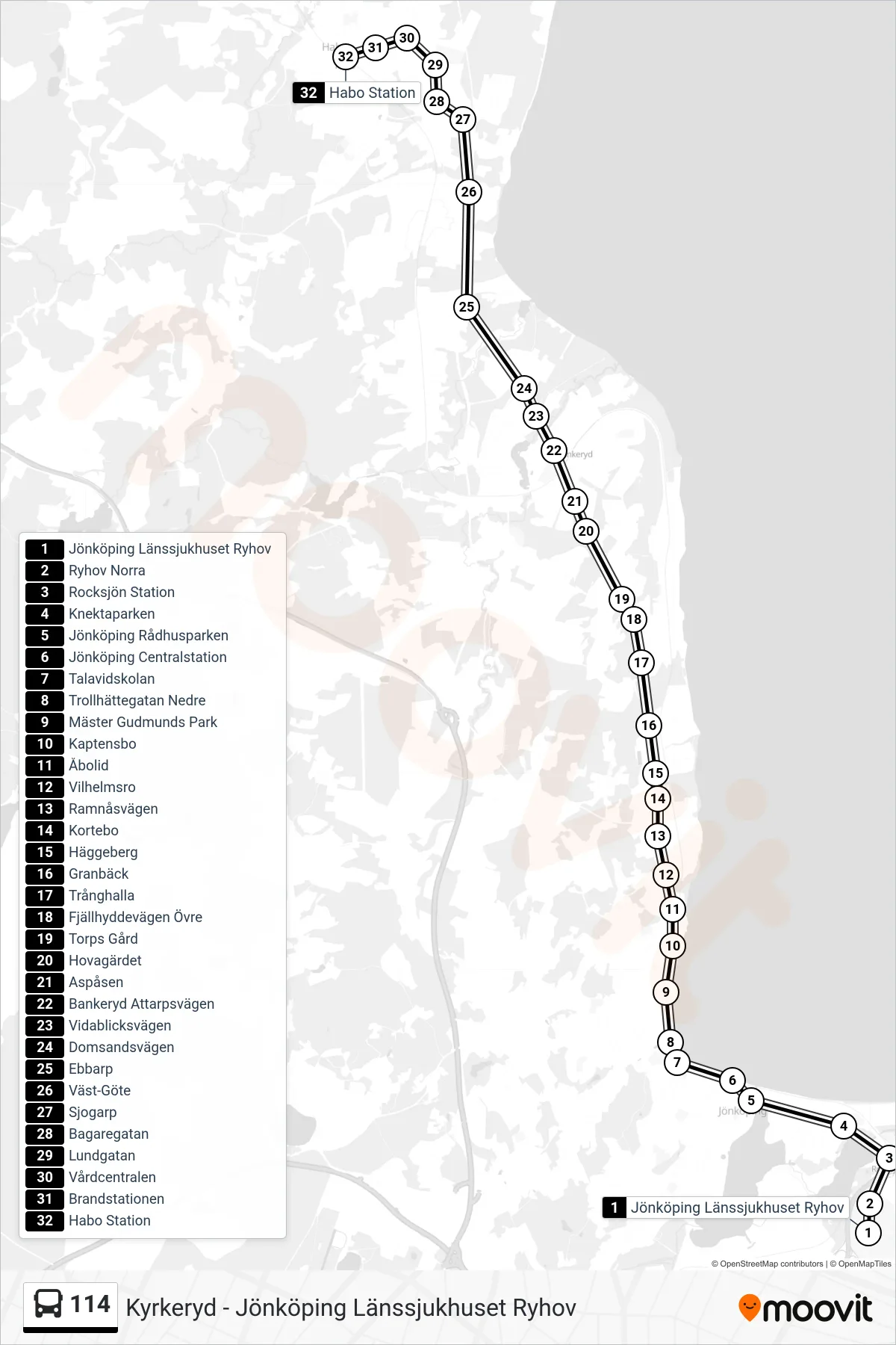 Rutt och hållplatser på karta för linje 114  spårvagn, (Habo Station)