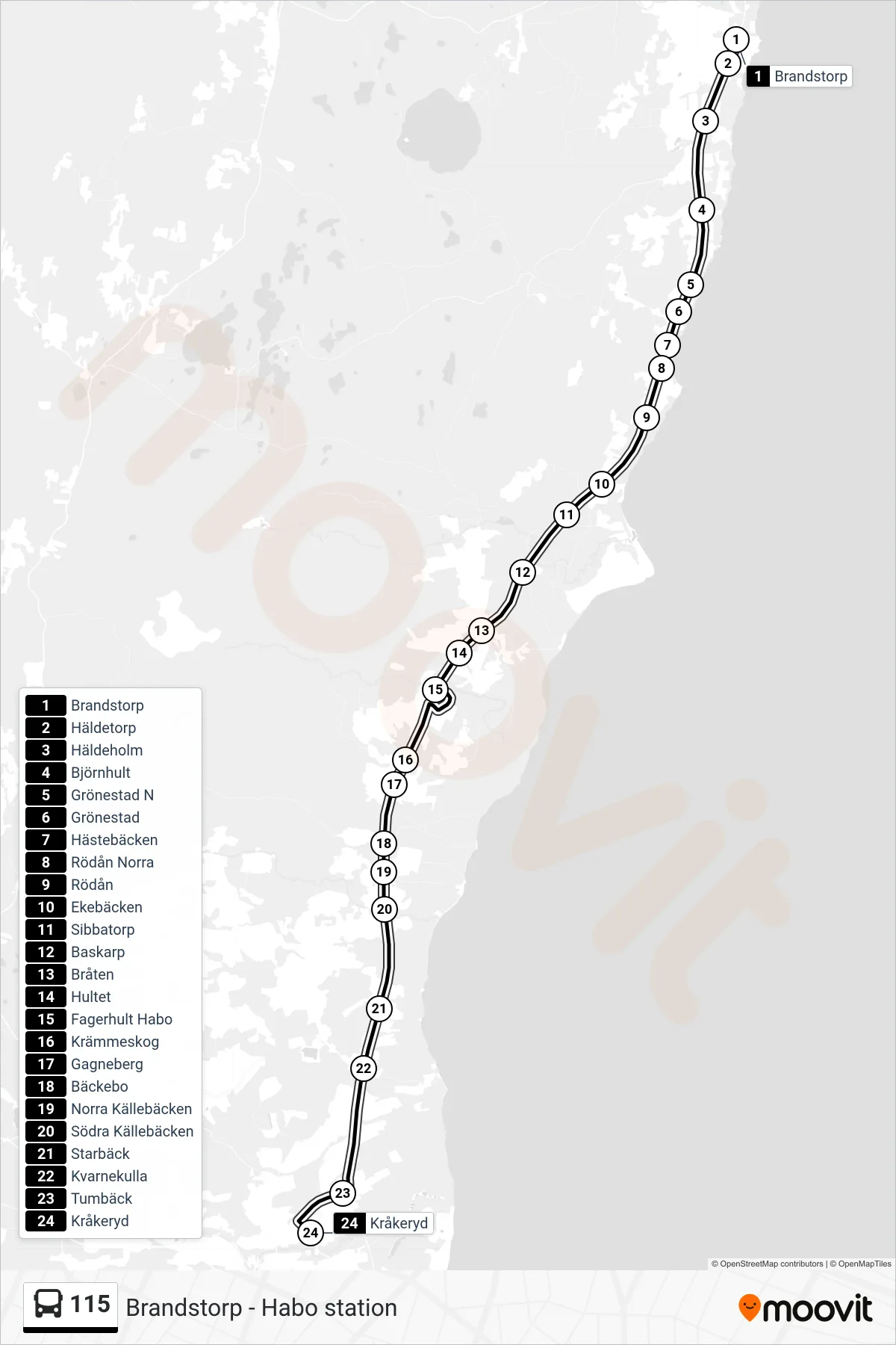Rutt och hållplatser på karta för linje 115 spårvagn, (Kråkeryd)