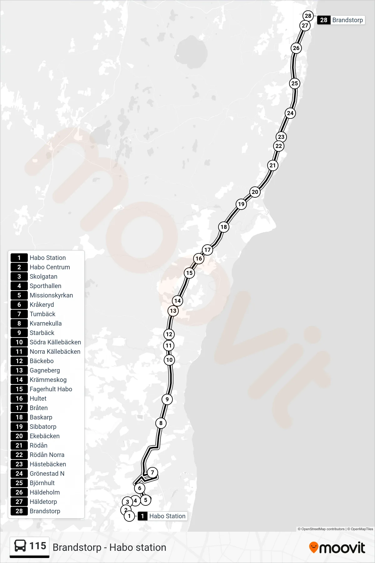 Rutt och hållplatser på karta för linje 115  spårvagn, (Brandstorp)