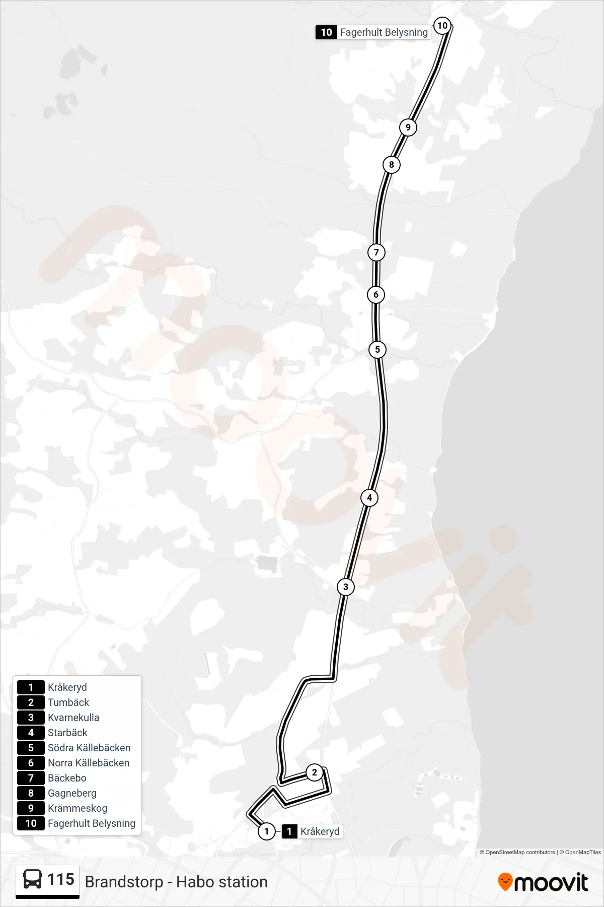 Rutt och hållplatser på karta för linje 115 spårvagn, (Fagerhult Belysning)