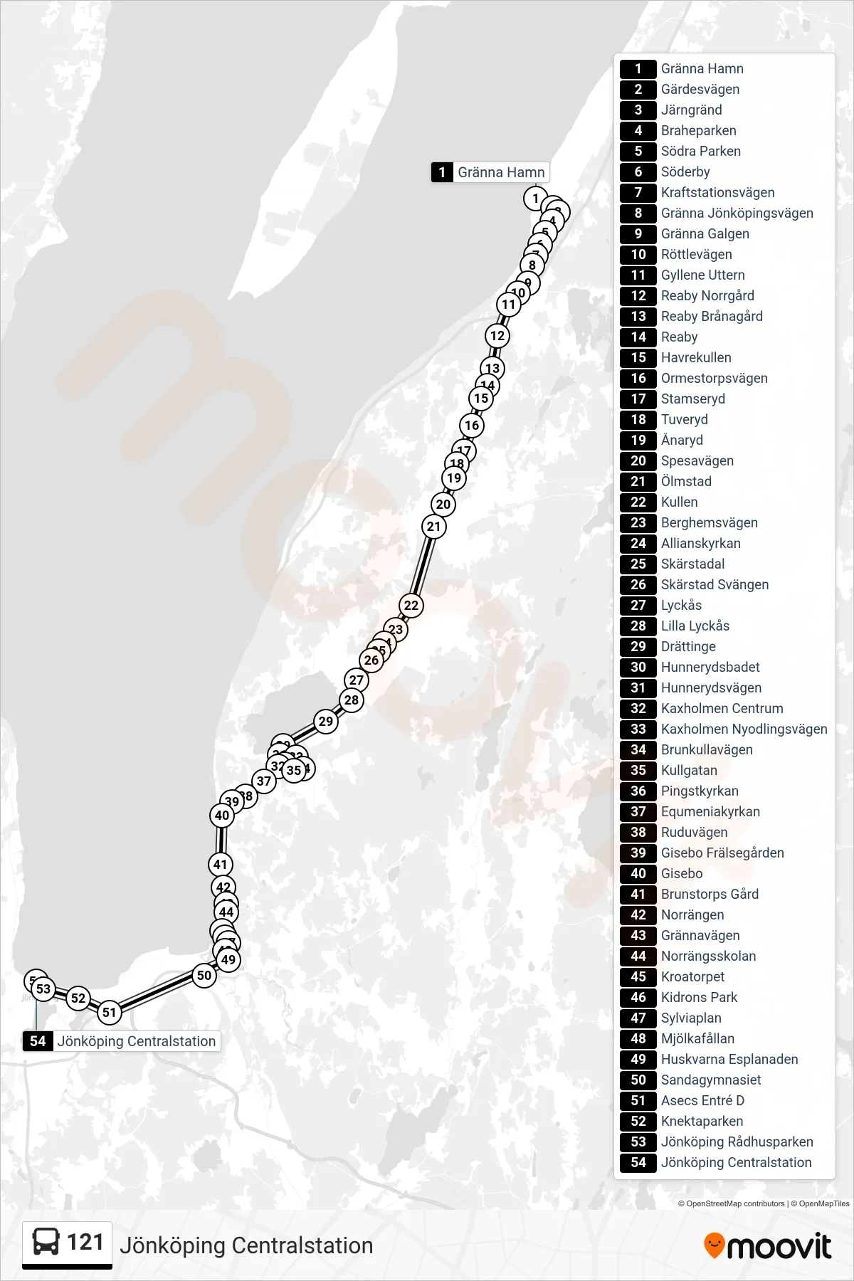 Rutt och hållplatser på karta för linje 121 spårvagn, (Jönköping Centralstation)