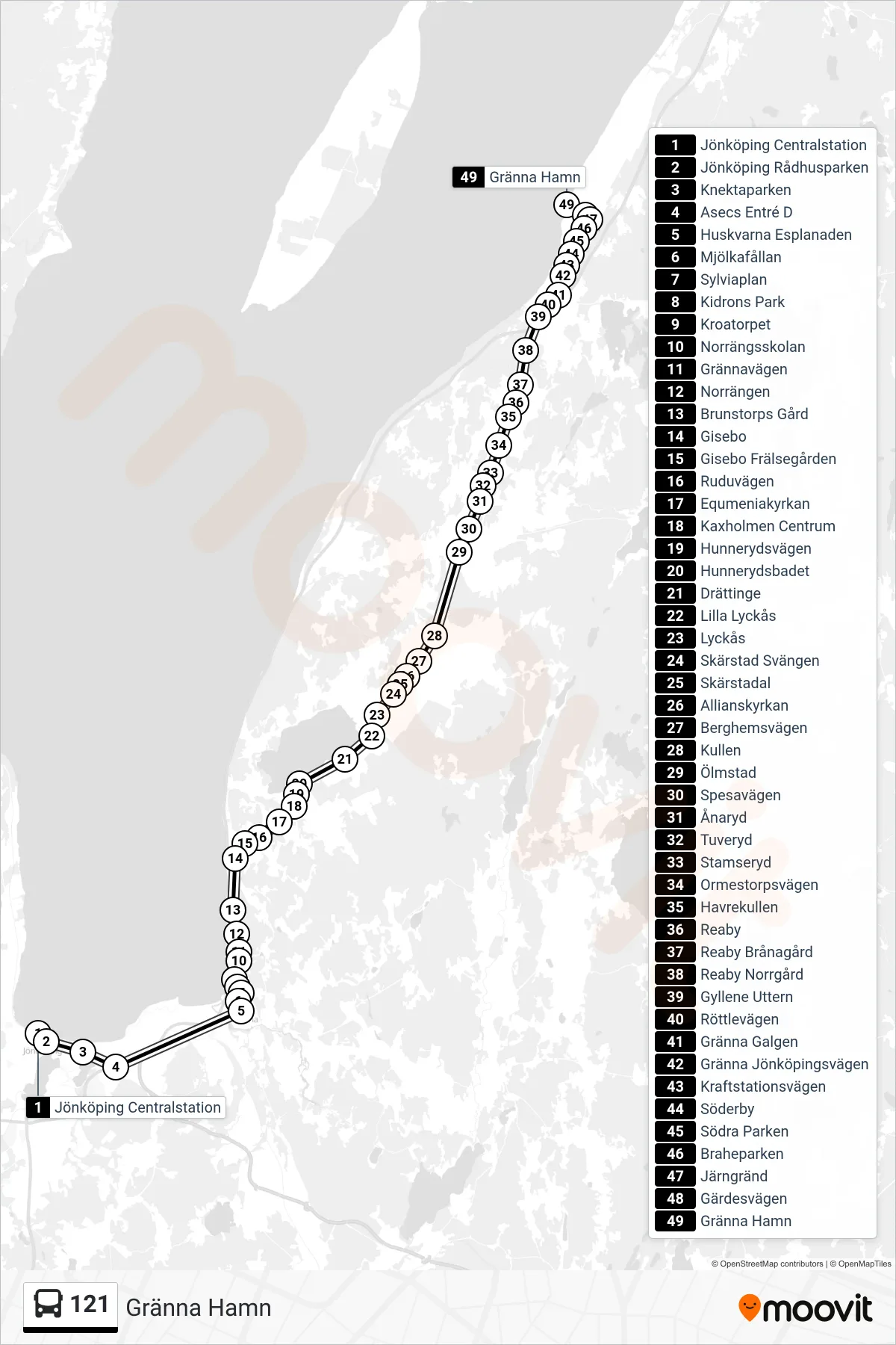 Rutt och hållplatser på karta för linje 121  spårvagn, (Gränna Hamn)