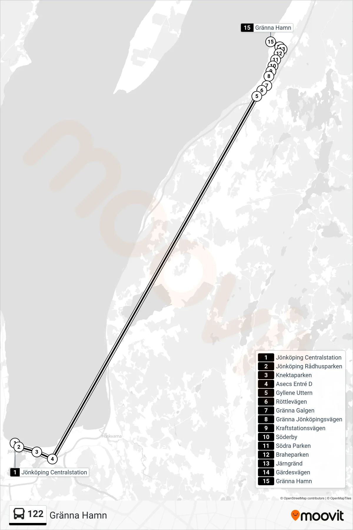 Rutt och hållplatser på karta för linje 122 spårvagn, (Gränna Hamn)