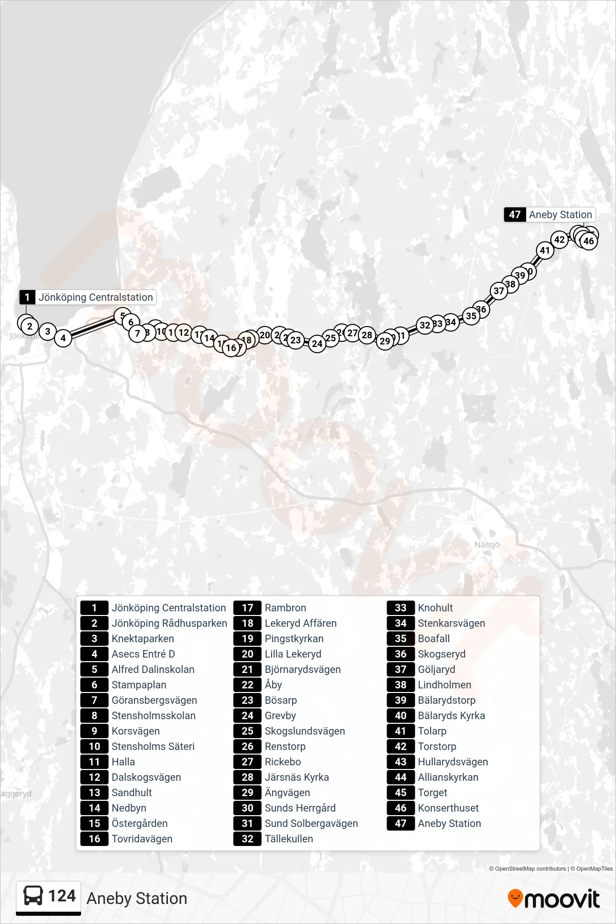 Rutt och hållplatser på karta för linje 124 spårvagn, (Aneby Station)