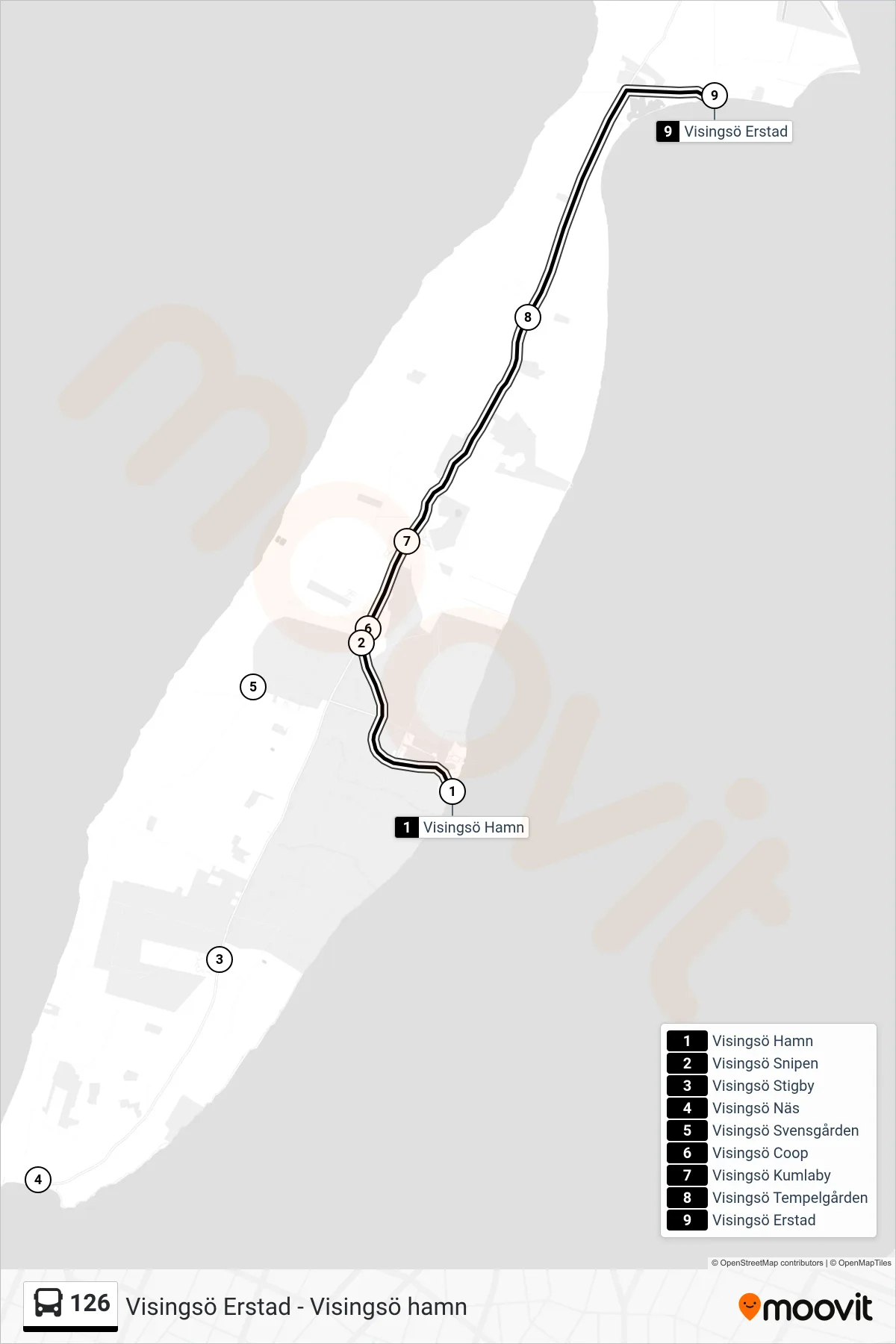 Rutt och hållplatser på karta för linje 126 spårvagn, (Visingsö Erstad)