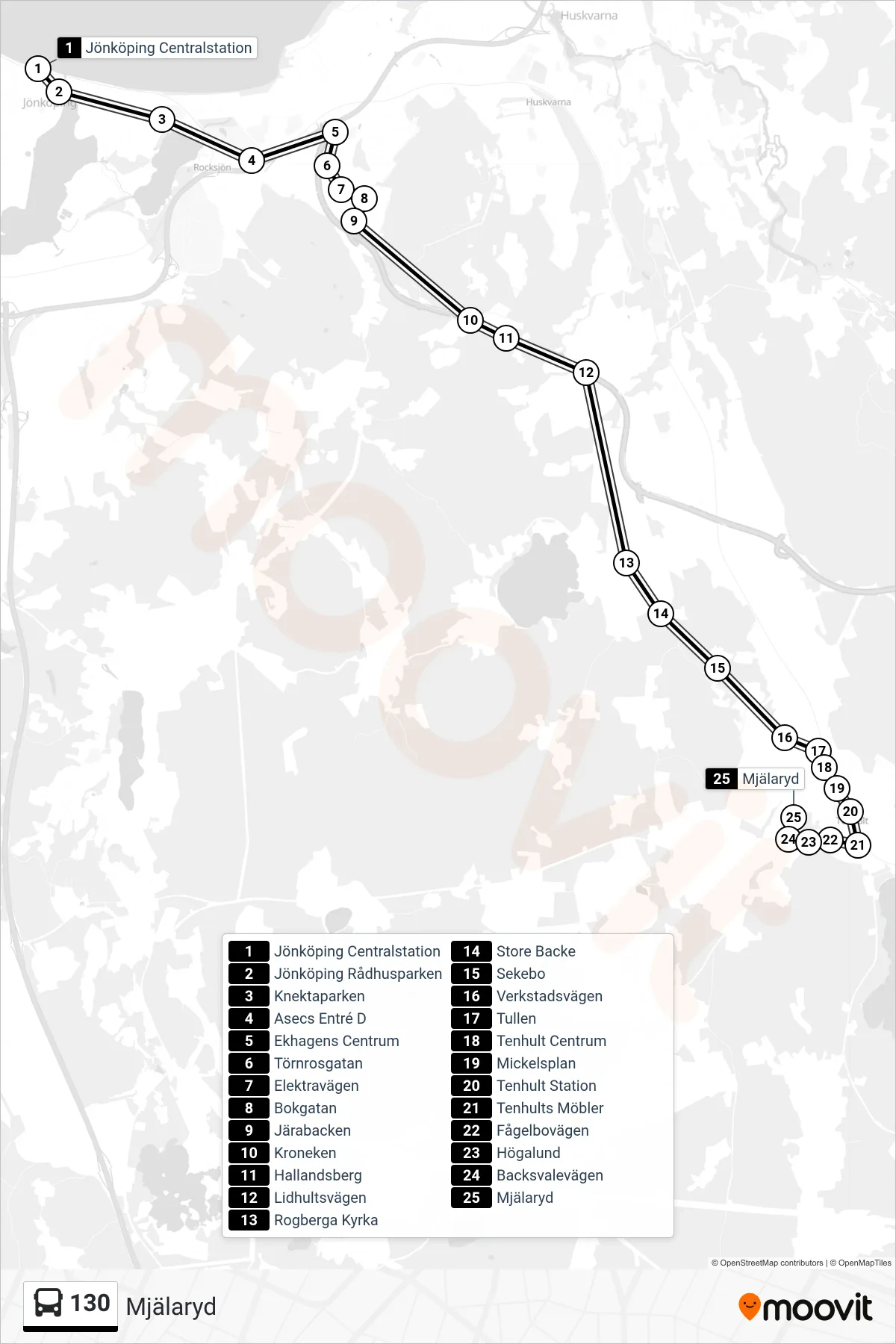 Rutt och hållplatser på karta för linje 130 spårvagn, (Mjälaryd)