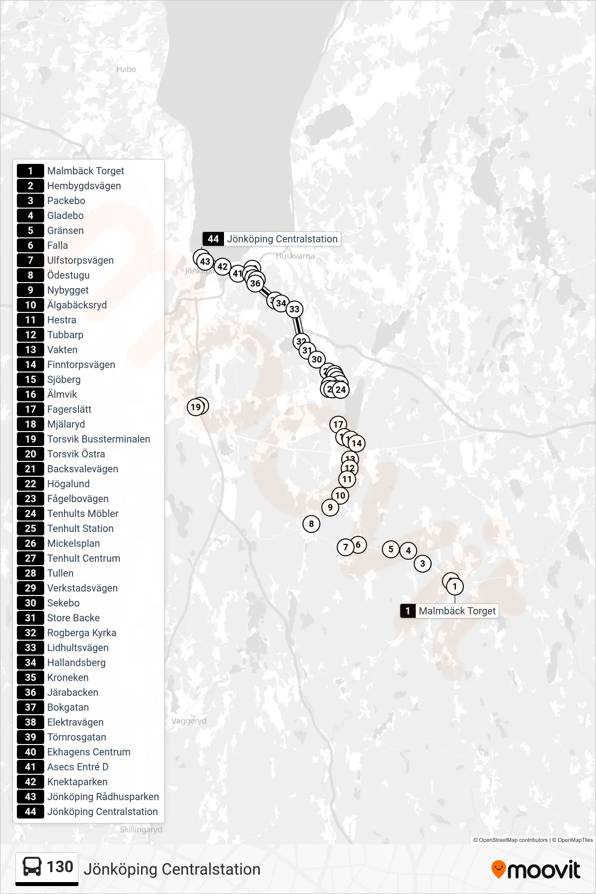 Rutt och hållplatser på karta för linje 130 spårvagn, (Jönköping Centralstation)
