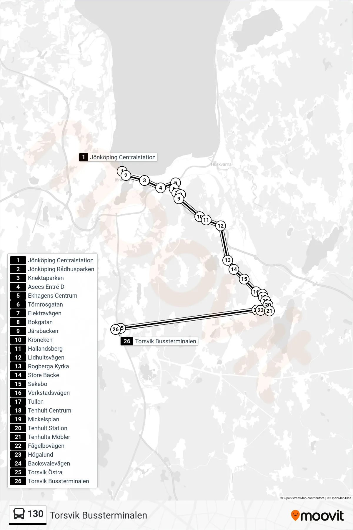 Rutt och hållplatser på karta för linje 130 spårvagn, (Torsvik Bussterminalen)