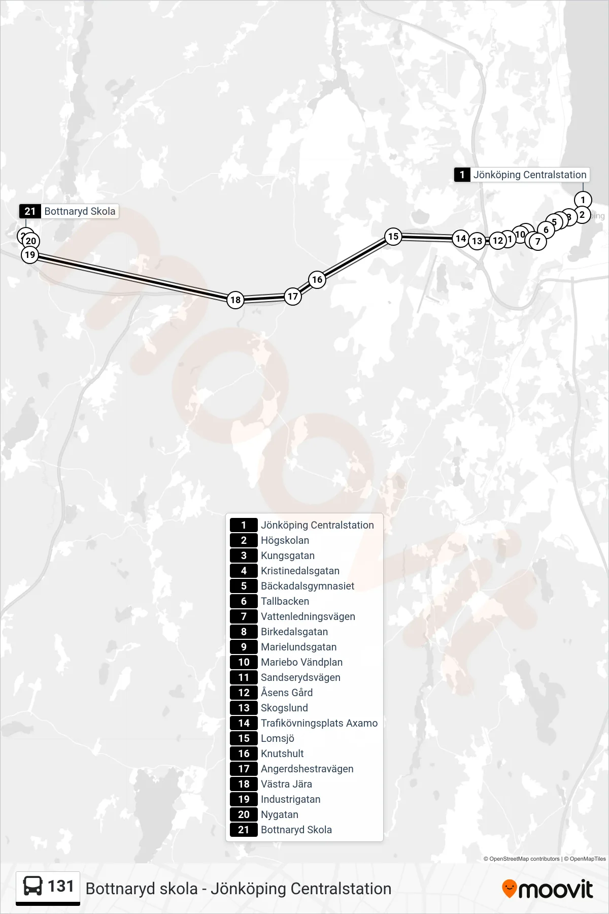 Rutt och hållplatser på karta för linje 131  spårvagn, (Bottnaryd Skola)
