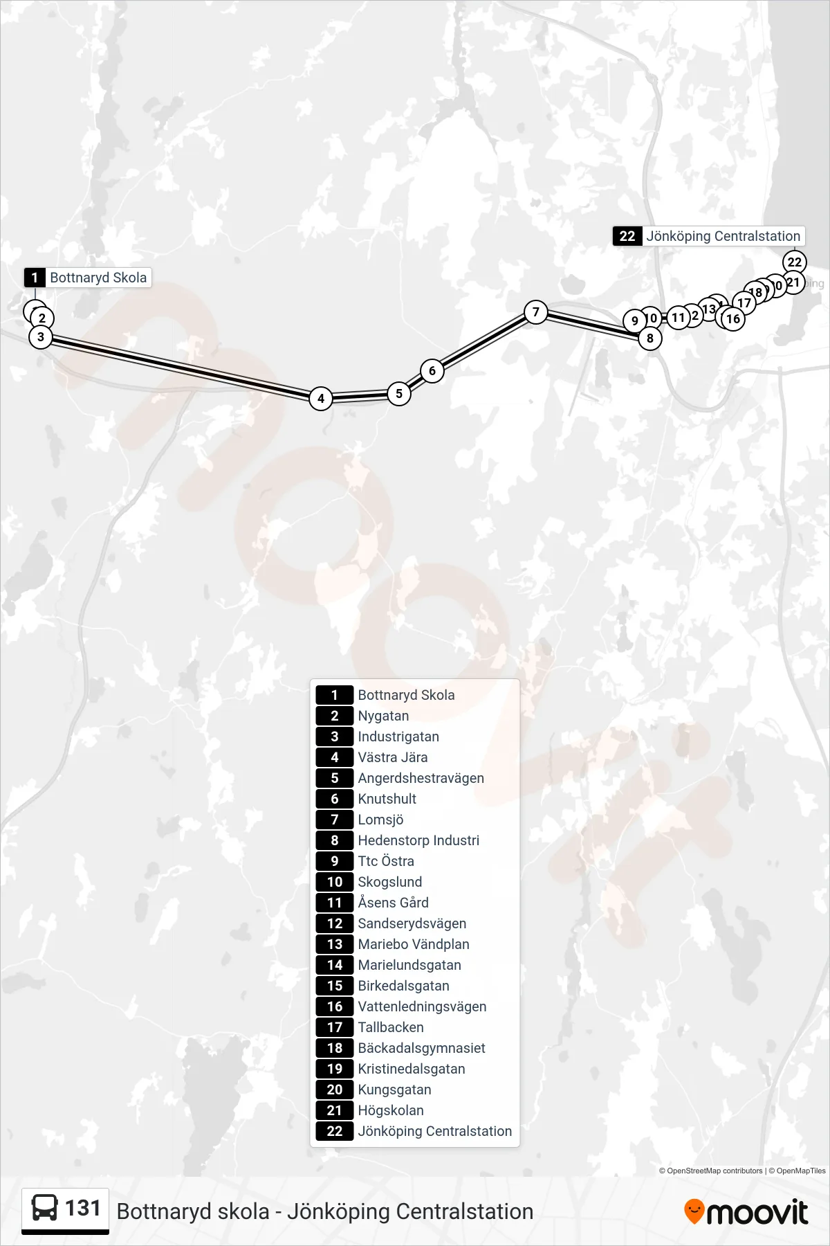 Rutt och hållplatser på karta för linje 131 spårvagn, (Jönköping Centralstation)