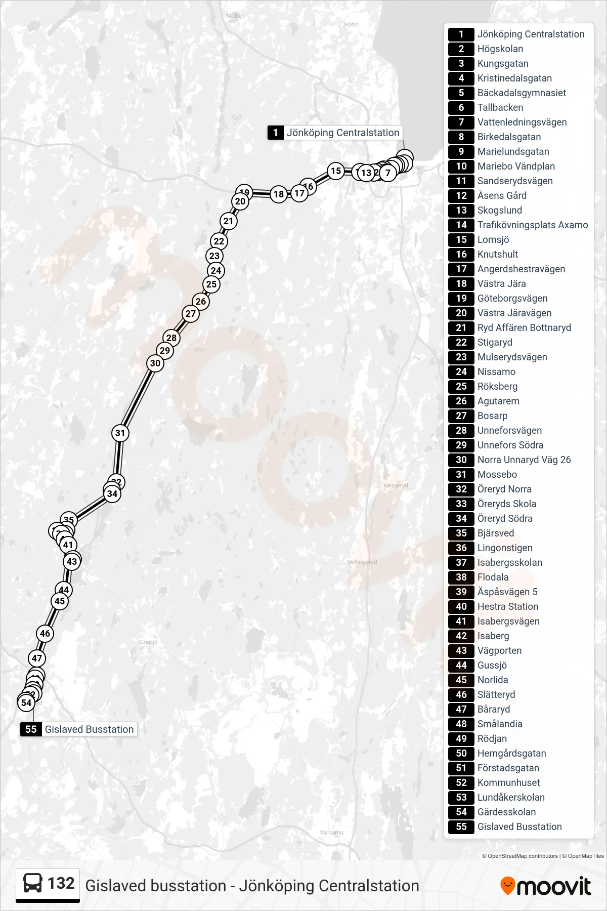 Rutt och hållplatser på karta för linje 132 spårvagn, (Gislaved Busstation)