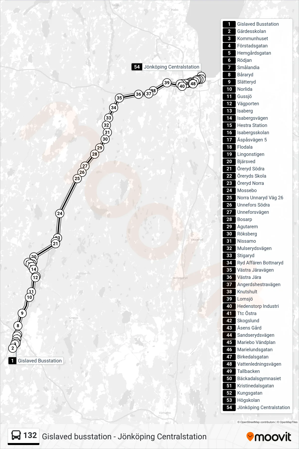 Rutt och hållplatser på karta för linje 132 spårvagn, (Jönköping Centralstation)