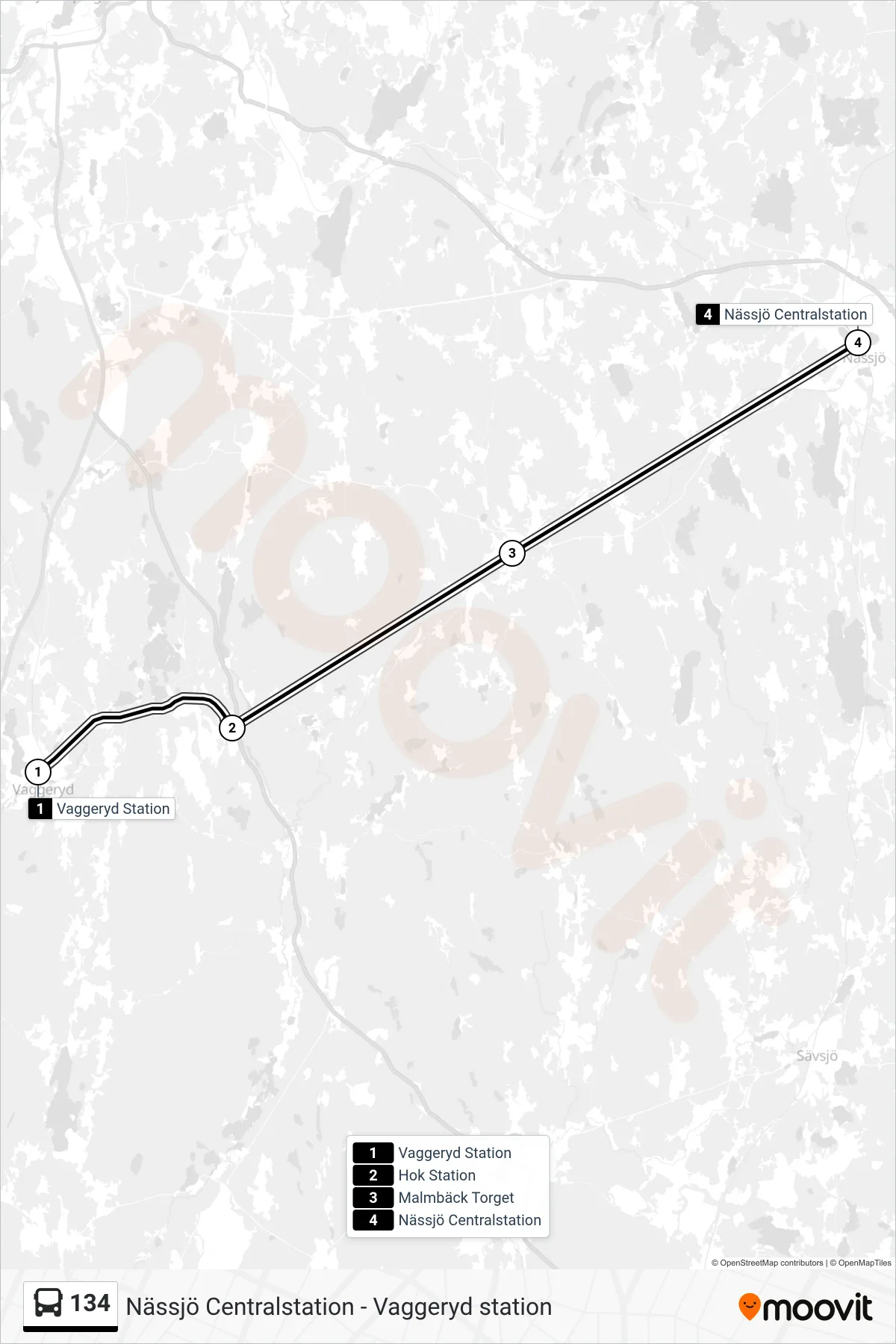 Rutt och hållplatser på karta för linje 134  spårvagn, (Nässjö Centralstation)