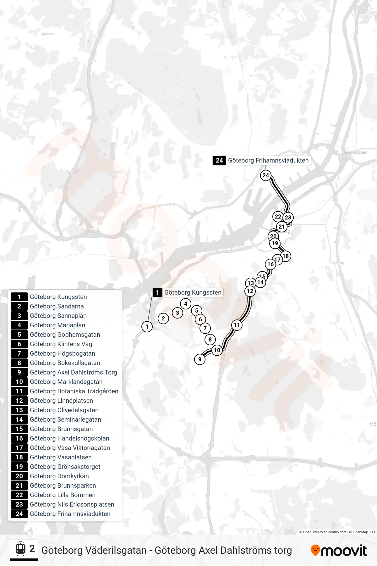 Rutt och hållplatser på karta för linje 2 spårvagn, (Göteborg Frihamnsviadukten)