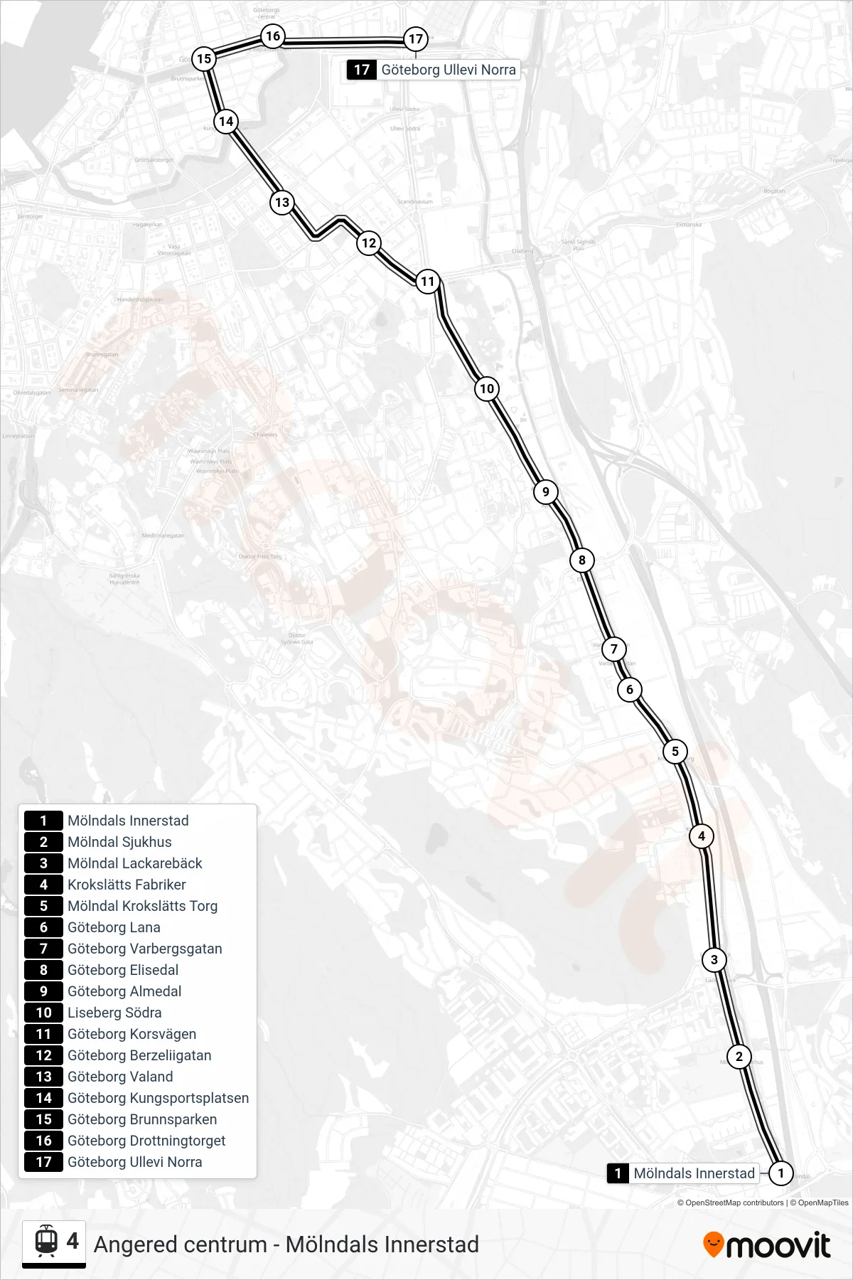 Rutt och hållplatser på karta för linje 4 spårvagn, (Göteborg Ullevi Norra)