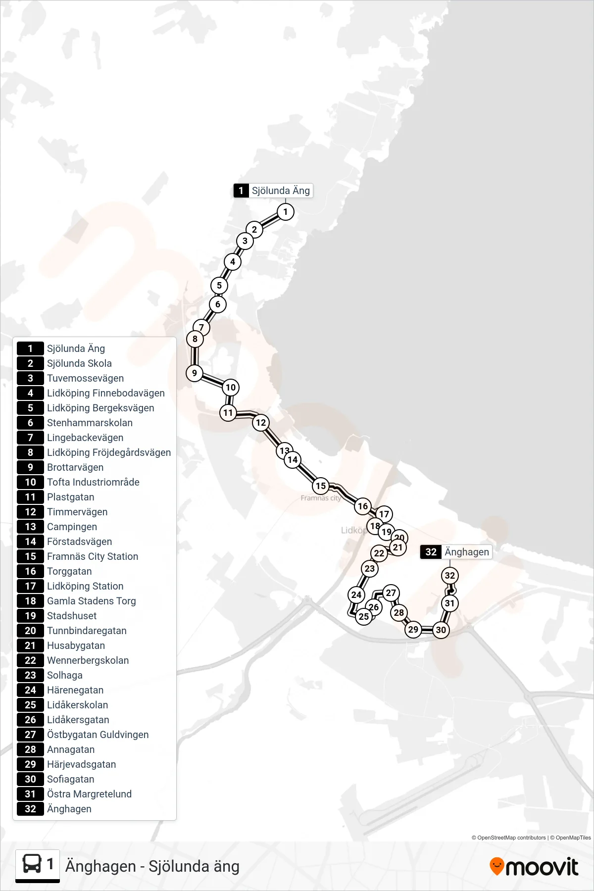 Rutt och hållplatser på karta för linje 1  spårvagn, (Änghagen)