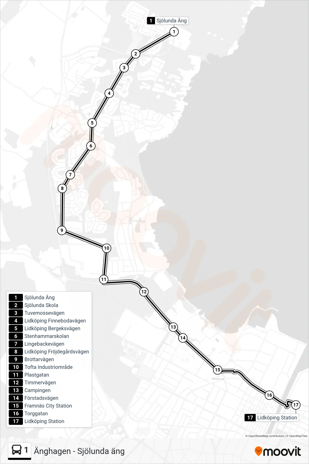Rutt och hållplatser på karta för linje 1 spårvagn, (Lidköping Station)